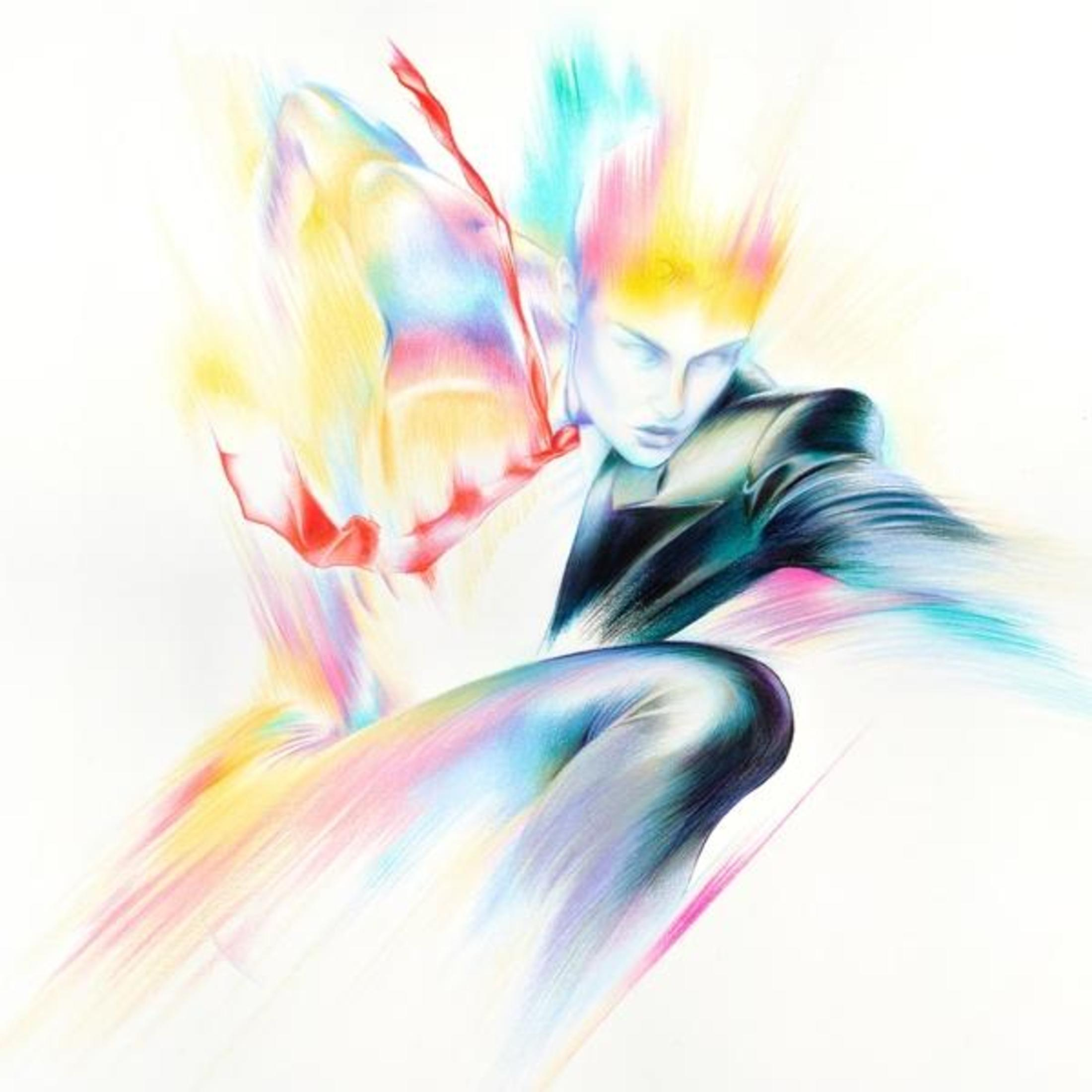 Un disegno dinamico di un uomo in nero, circondato da strisce colorate.