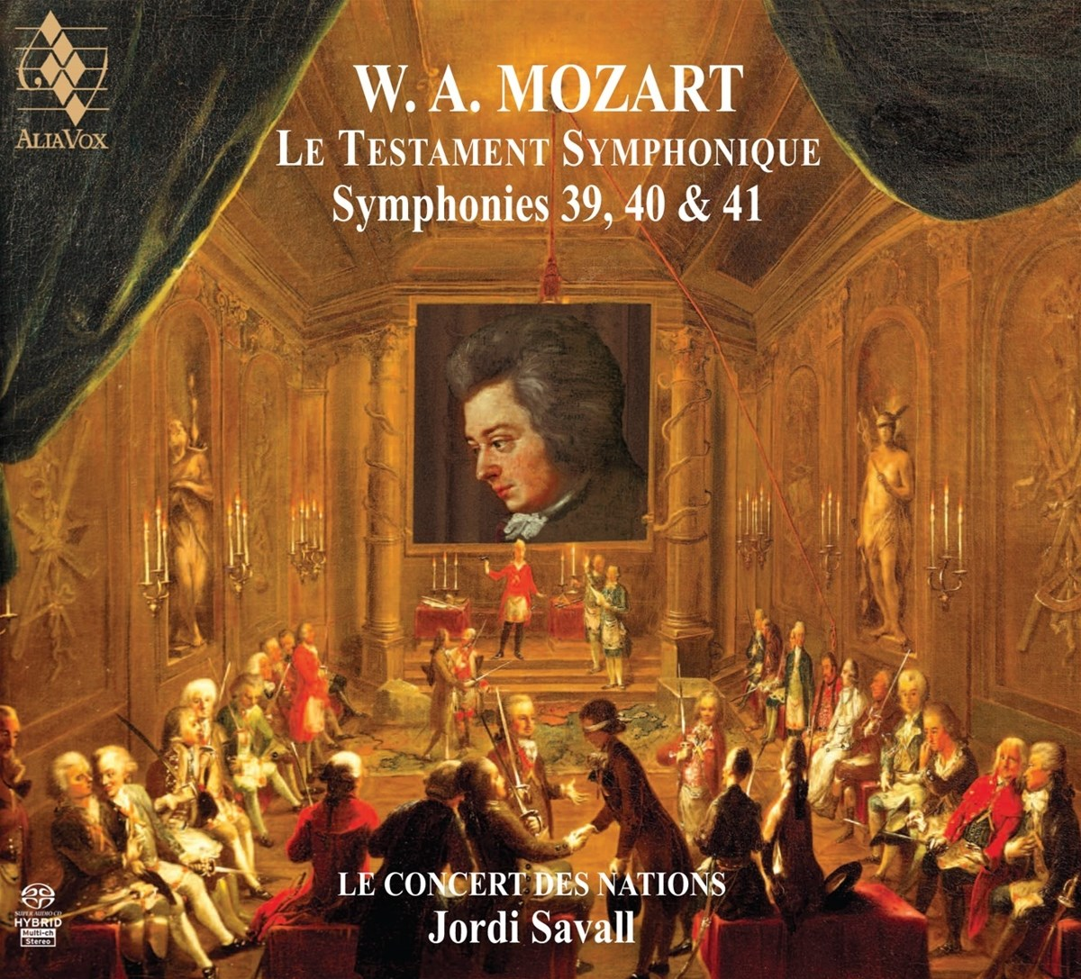 Ritratto di Mozart sopra un'orchestra e un pubblico in una stanza.