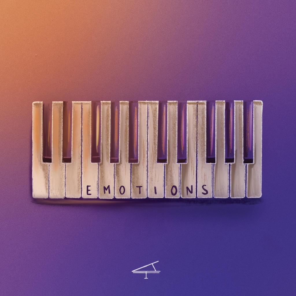 Tasti di un pianoforte con la scritta EMOTIONS su sfondo viola.