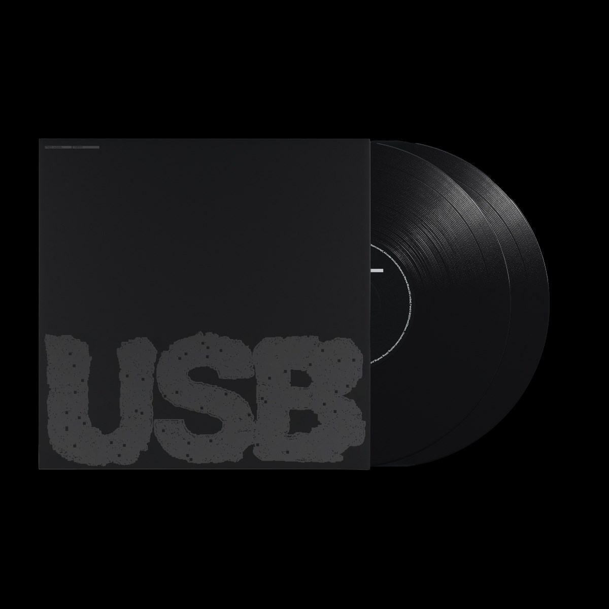 Custodia nera per dischi con testo "USB" e due dischi in vinile neri.