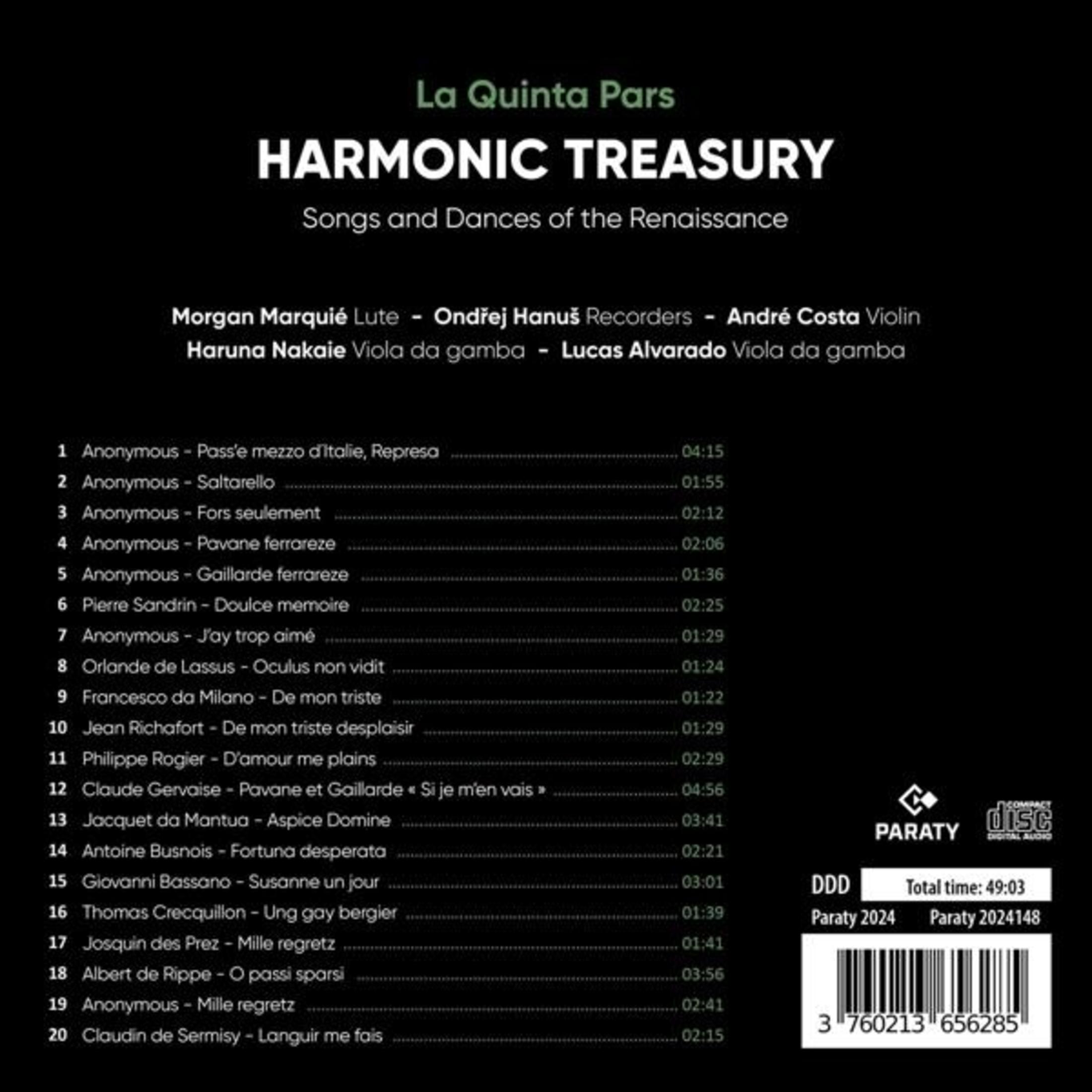 Copertina dell'album con titolo 'Harmonic Treasury', elenco brani e codice a barre.