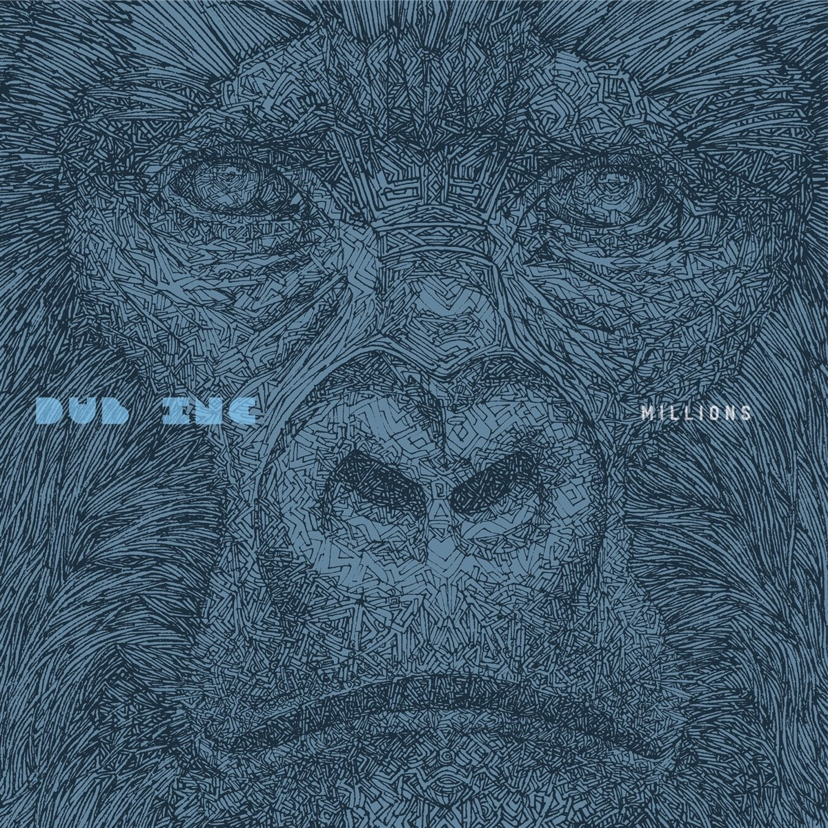 Un disegno a inchiostro blu di un gorilla con le parole "DUD INC" e "MILLIONS".