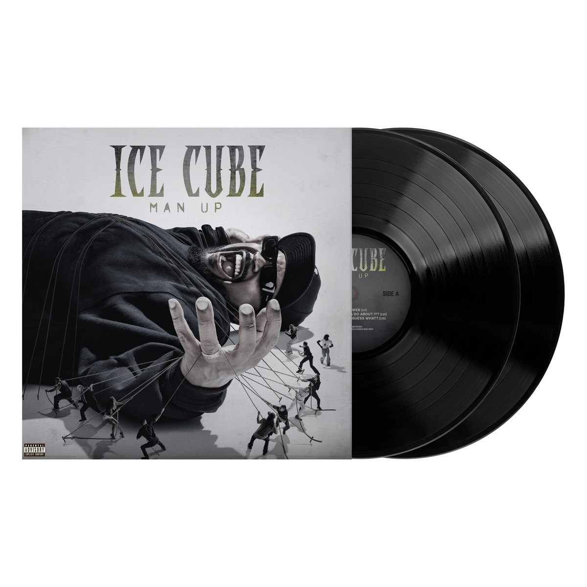 Copertina dell'album Man Up di Ice Cube con dischi in vinile nero. Marionette controllano Ice Cube.