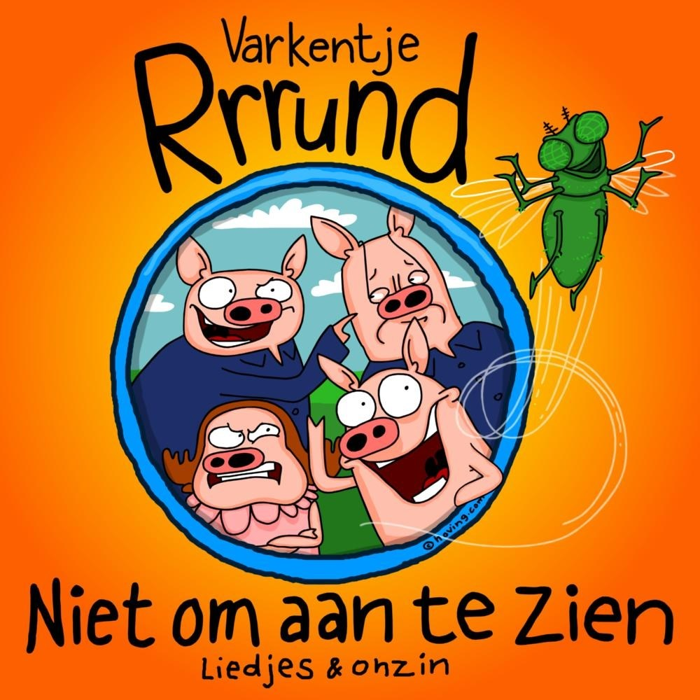 Vier varkens in een cirkel, een groen insect vliegt weg.