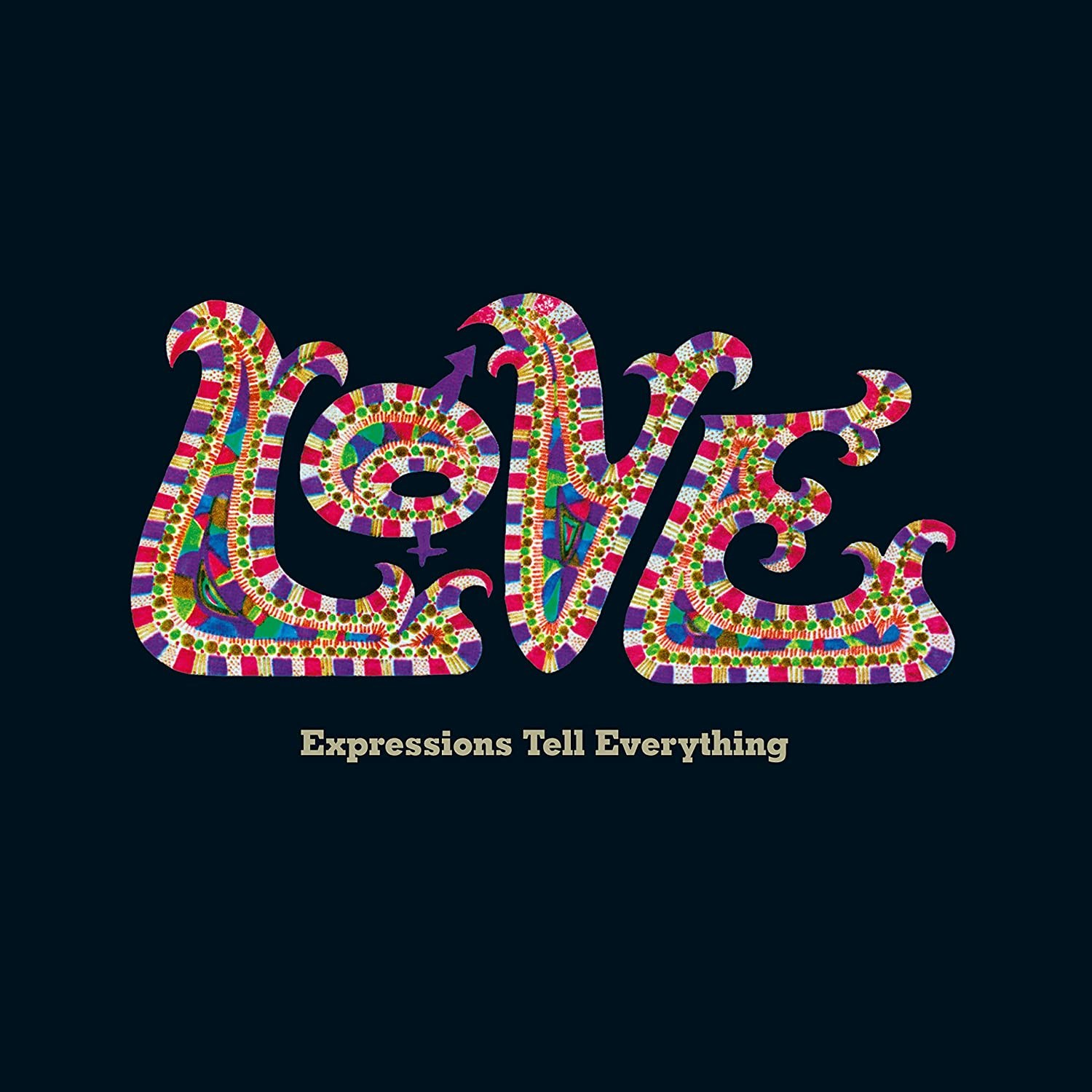 La parola "LOVE" è disegnata in stile colorato e psichedelico.