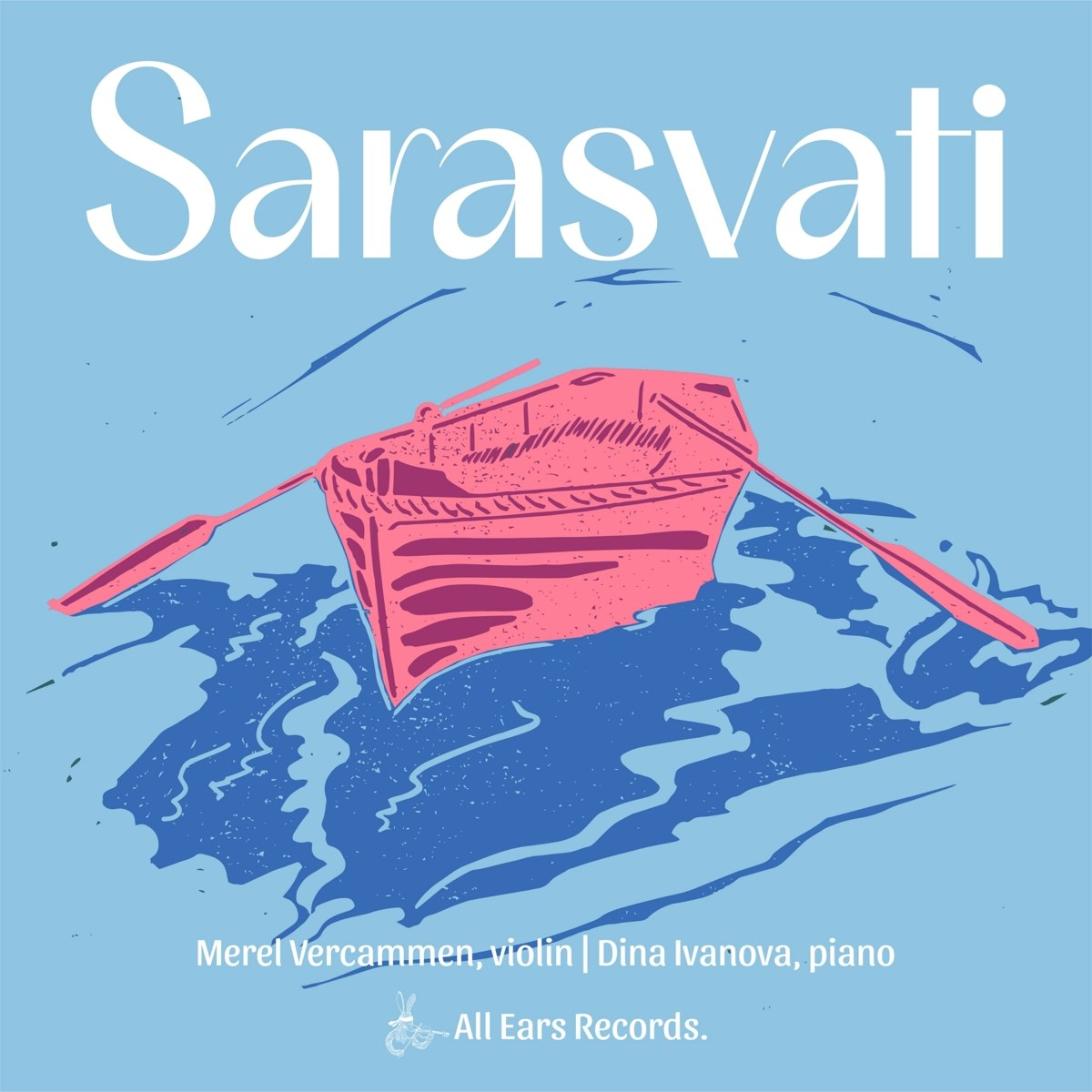 Een roze roeiboot op blauw water onder de titel Sarasvati.
