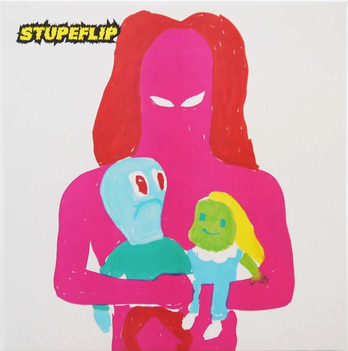Una figura rosa tiene due bambole colorate. Testo "STUPEFLIP" in alto a sinistra.