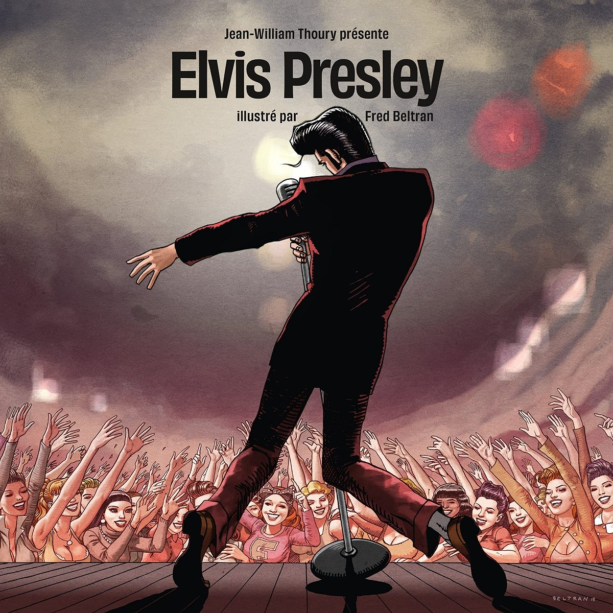 Elvis Presley treedt op voor een opgewonden menigte. Stripboekstijl illustratie.