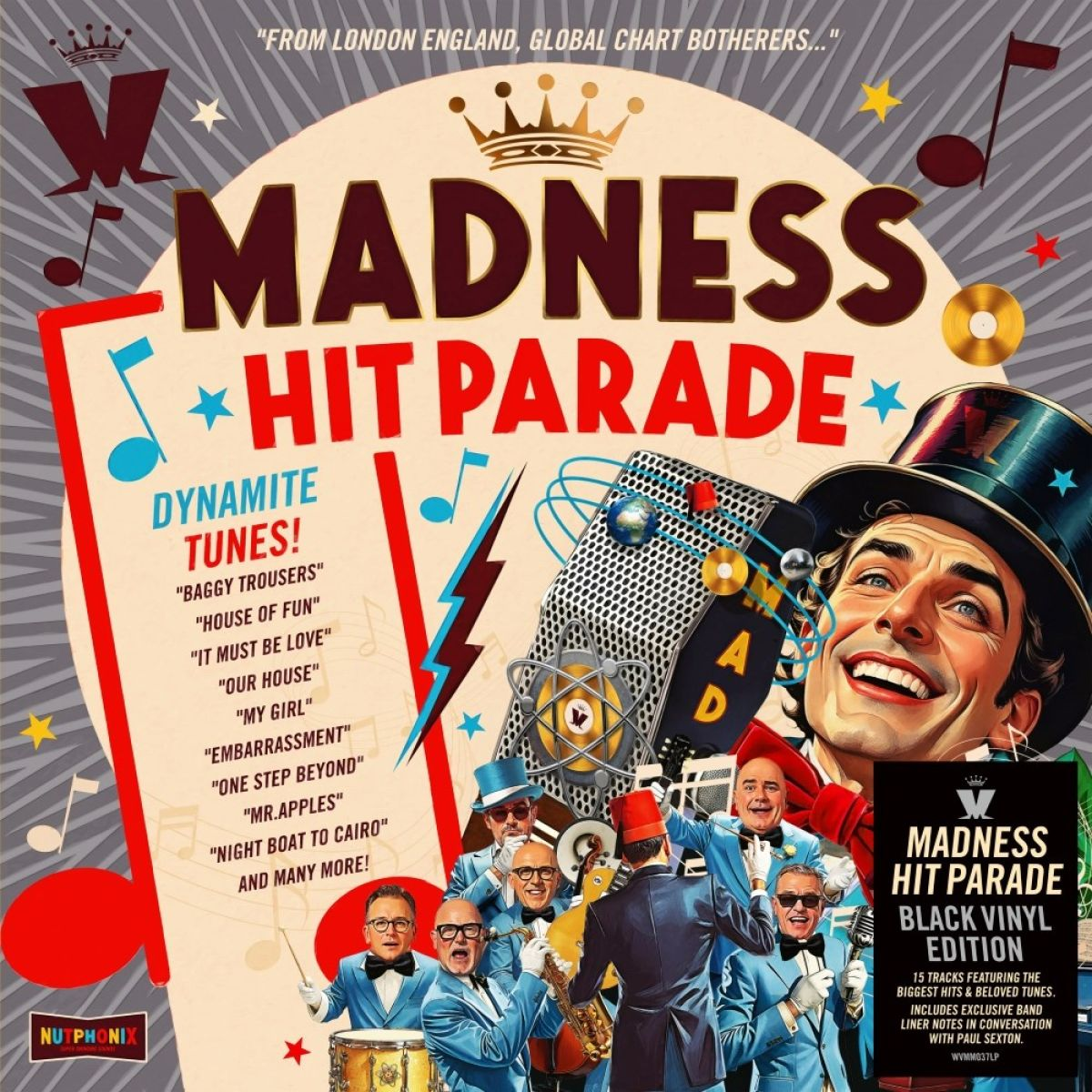 Copertina album: Band in abito davanti a microfono e uomo con cilindro. Titolo: MADNESS HIT PARADE.