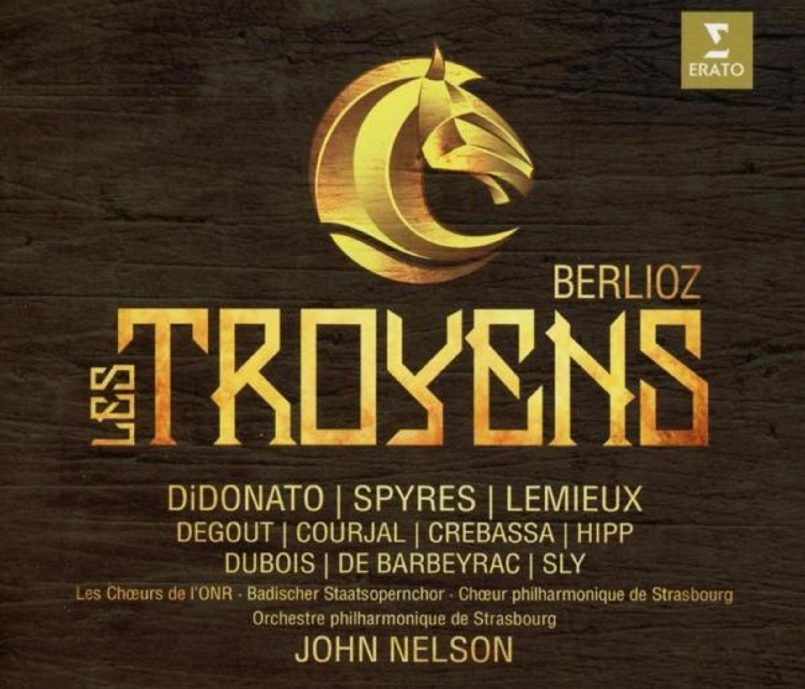 Copertina album: Testa di cavallo dorata, titolo Les Troyens, Berlioz, nomi, John Nelson.