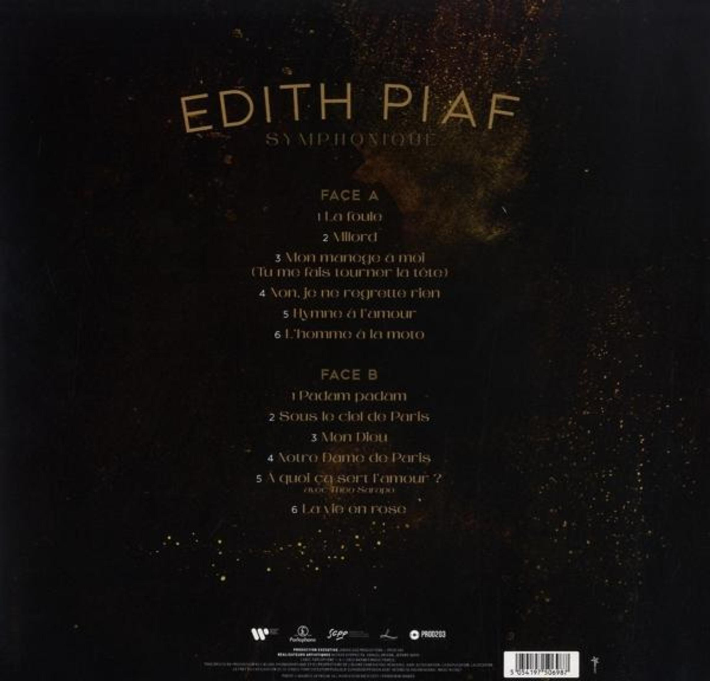 Portada del álbum con Edith Piaf Symphonique y lista de canciones en fondo negro.
