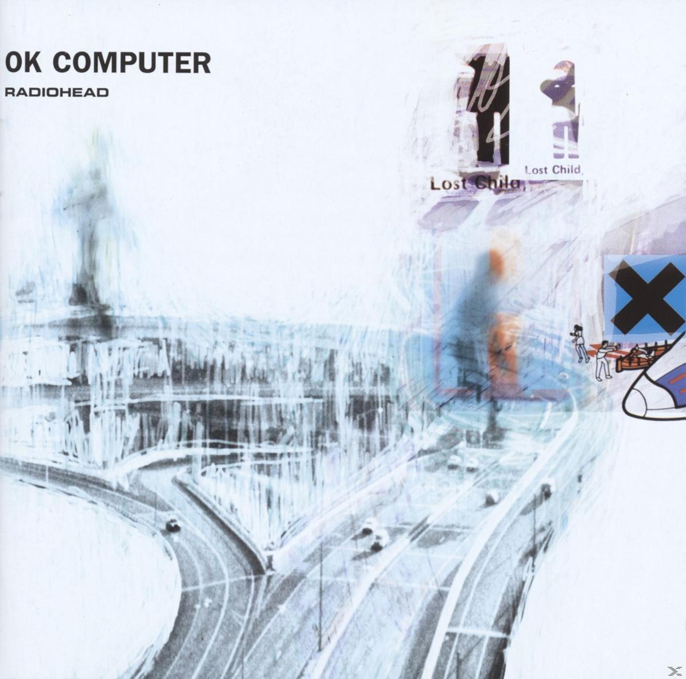 Copertina album con autostrada stilizzata e titolo "OK Computer" dei Radiohead.