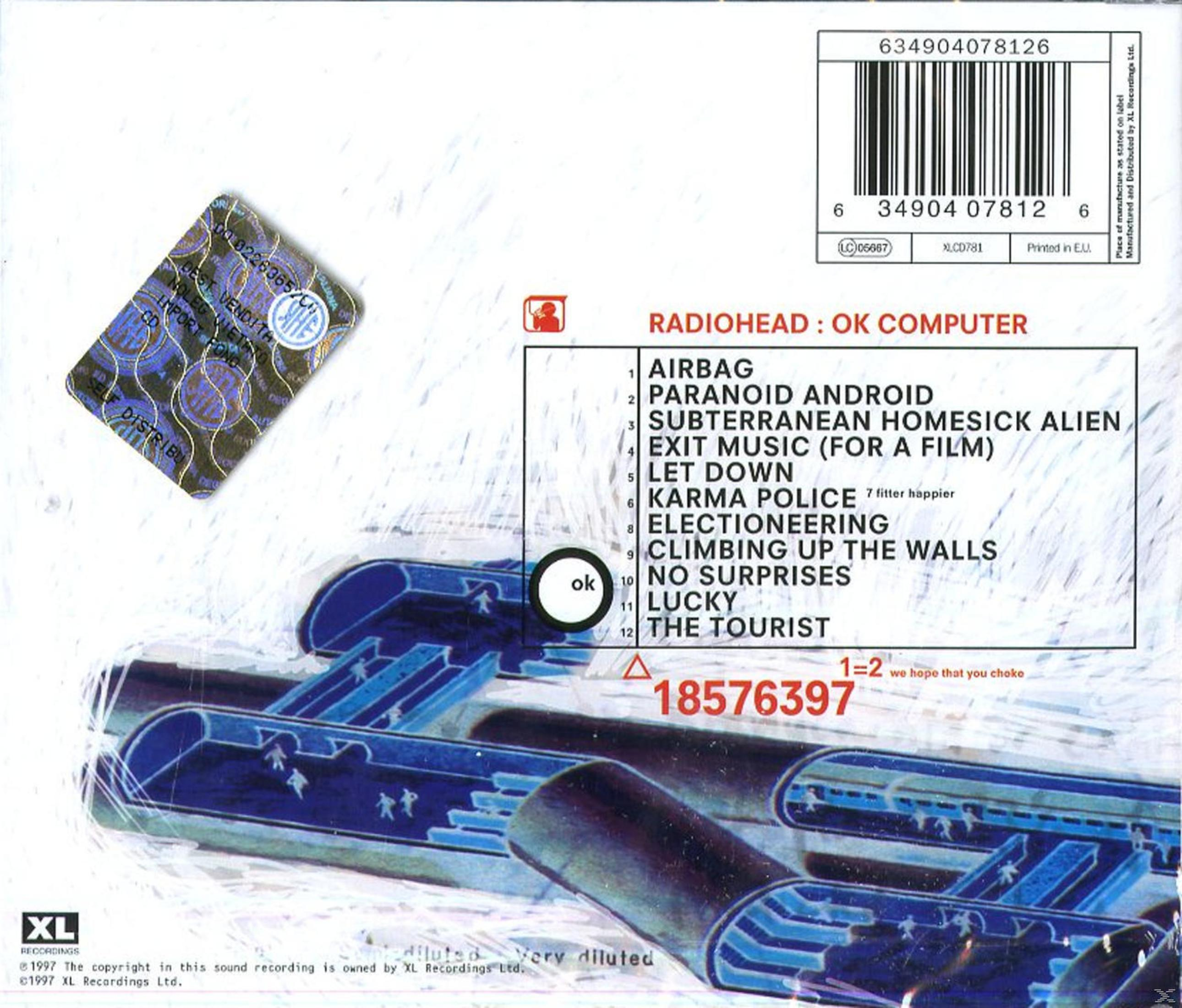 Copertina posteriore CD Radiohead OK Computer con tracklist e codice a barre.