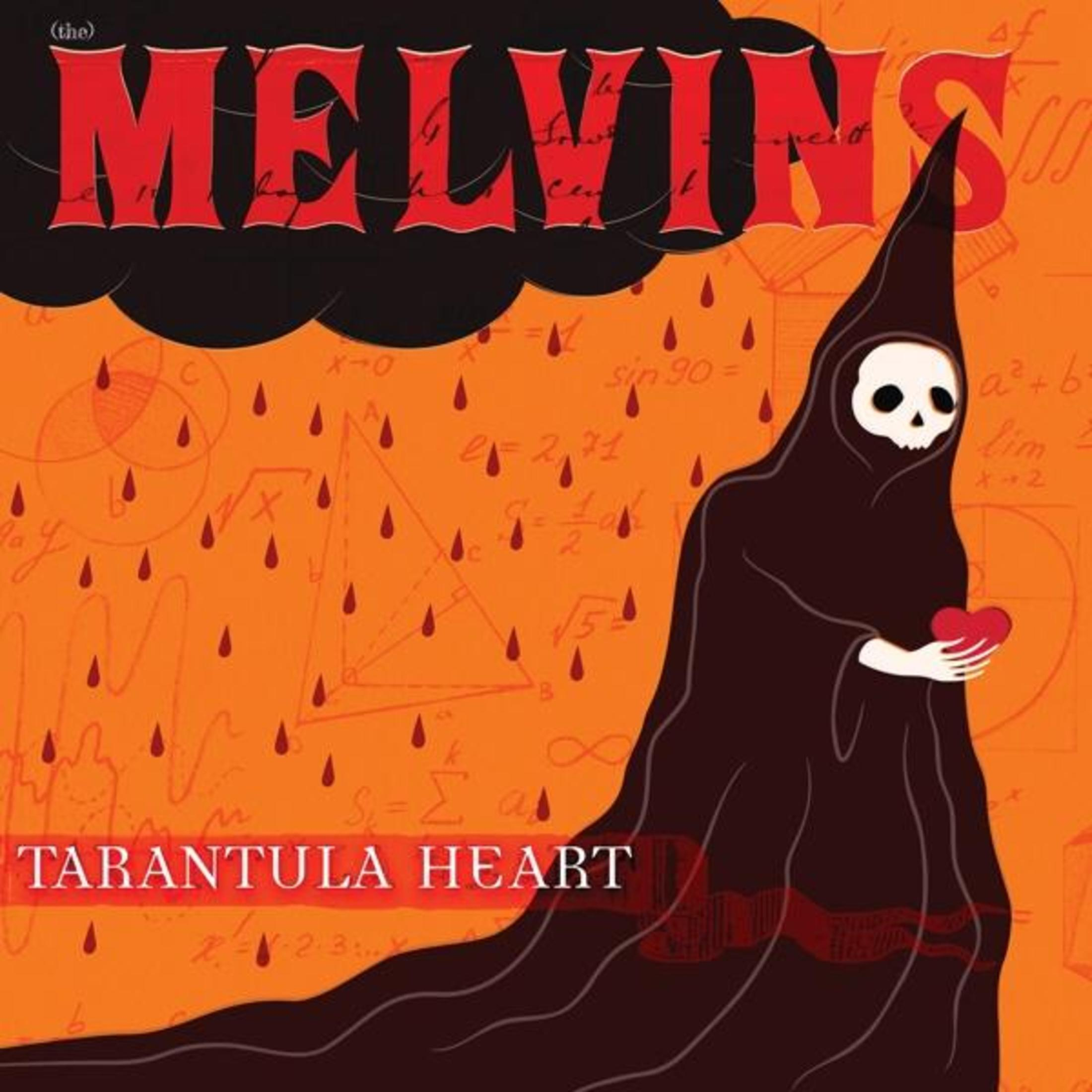 Figura di mietitore tiene un cuore su sfondo arancione con formule matematiche. Titolo: Tarantula Heart.