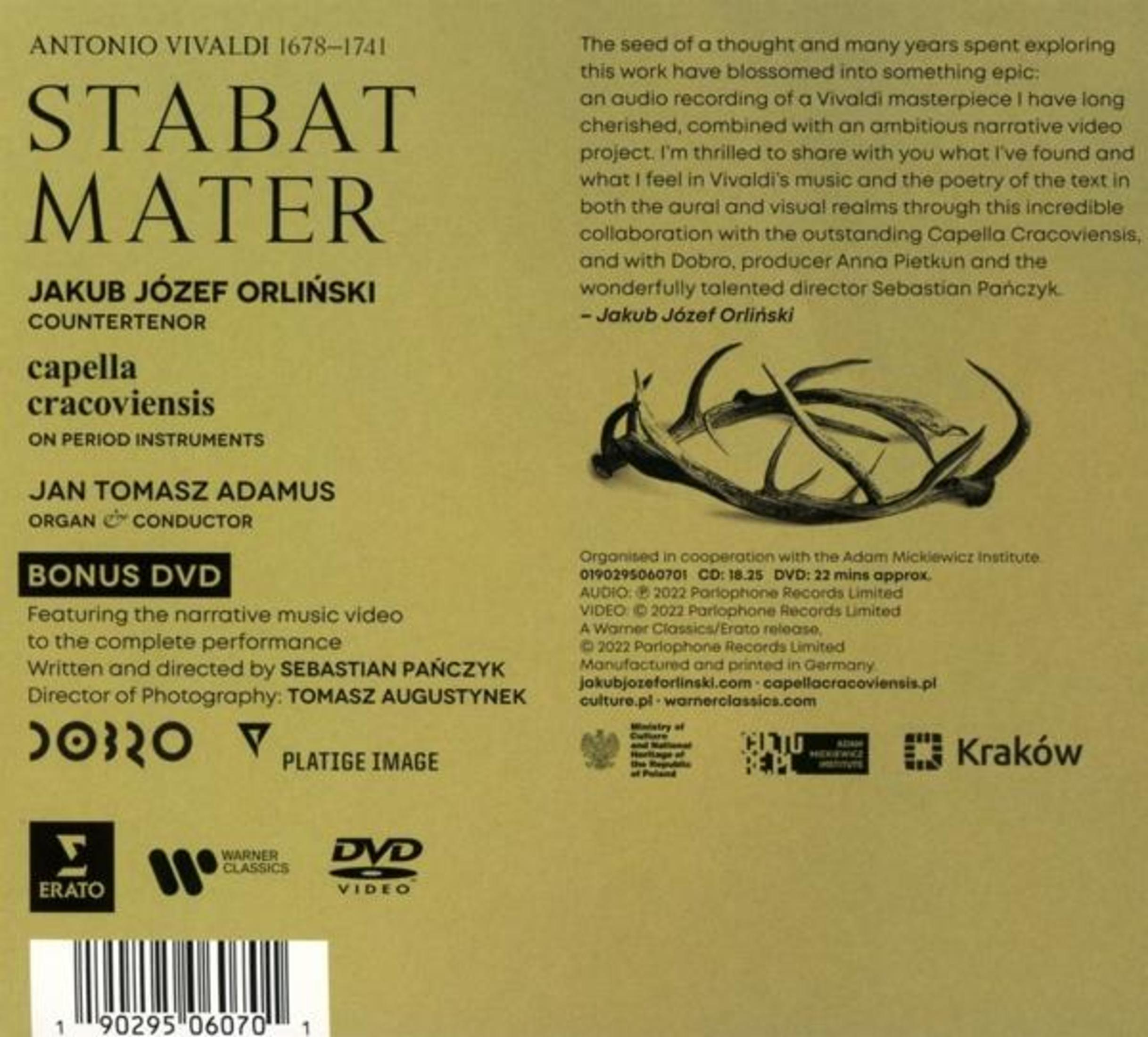 Cd-hoes met titel "Stabat Mater", Vivaldi, uitvoerenden en logo's.
