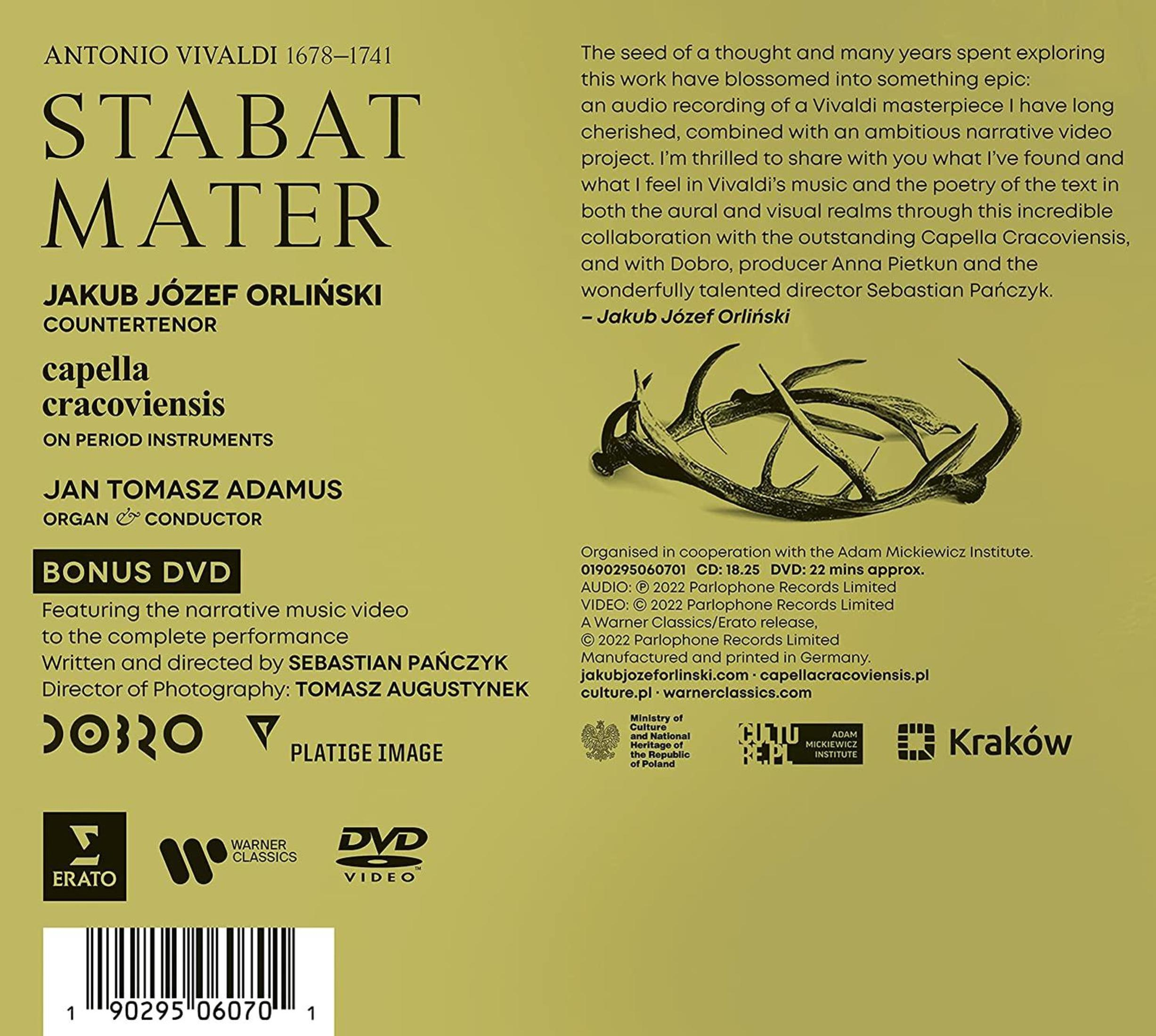 Albumhoes met tekst over Vivaldi's Stabat Mater, artiesten en logo's.