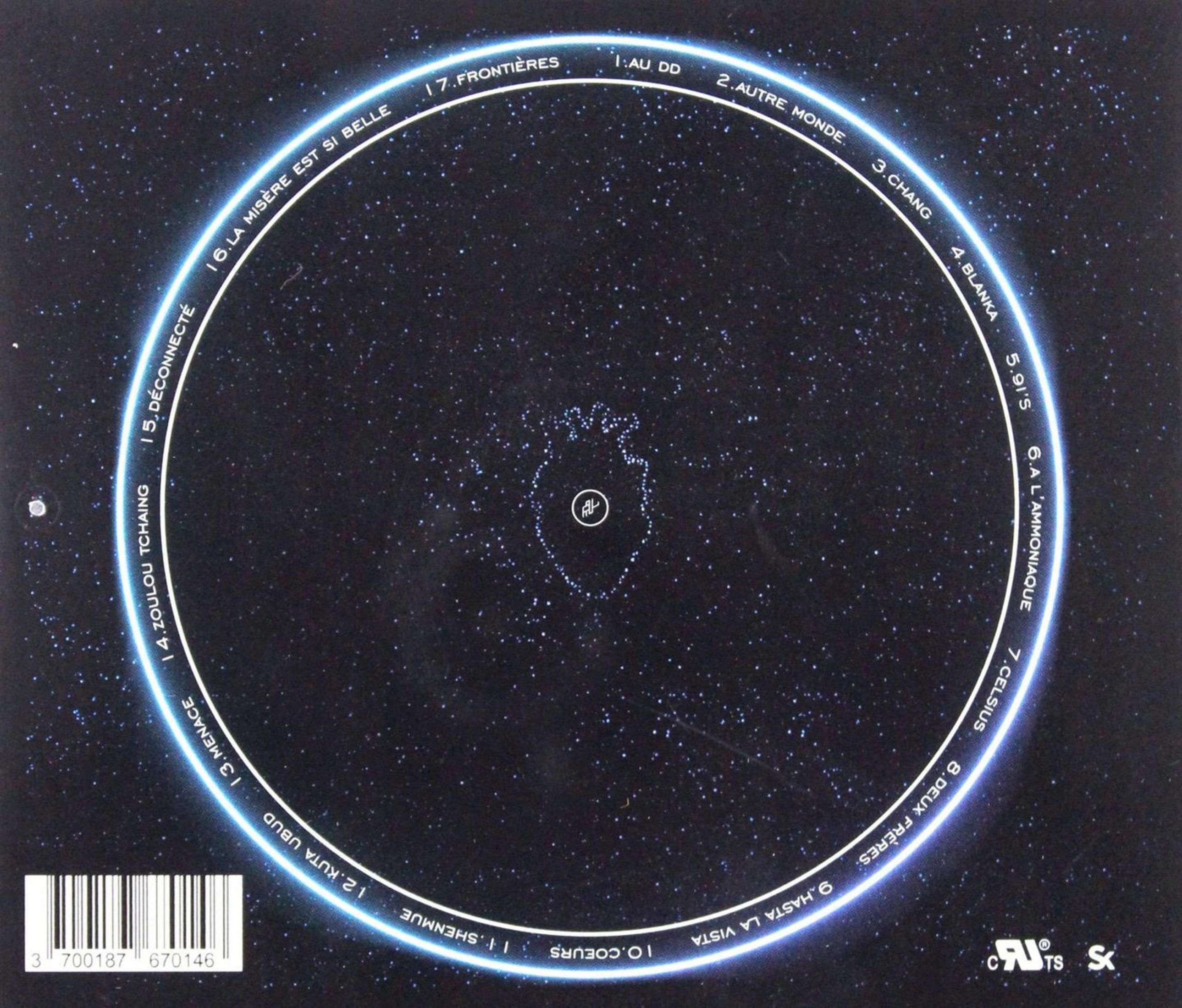 Starry sky with circular text and barcode.