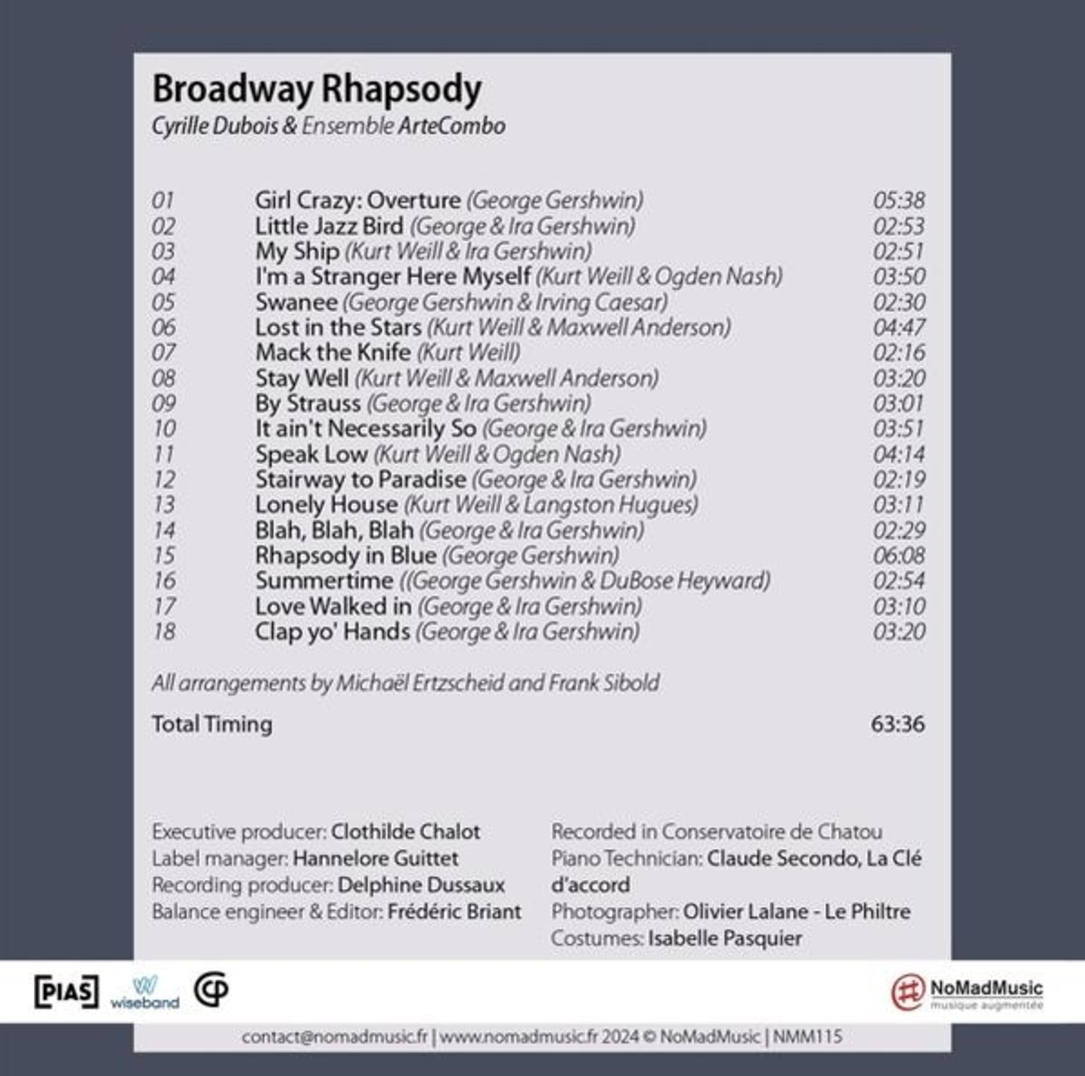 Elenco tracce album Broadway Rhapsody di Cyrille Dubois con titoli e durate.