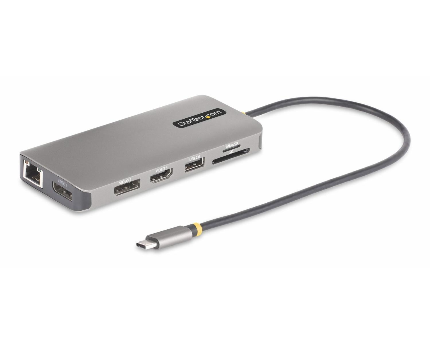 Grauer USB-C-Hub mit Anschlüssen: Ethernet, HDMI, 2x Video, USB 2.0, MicroSD, SD.