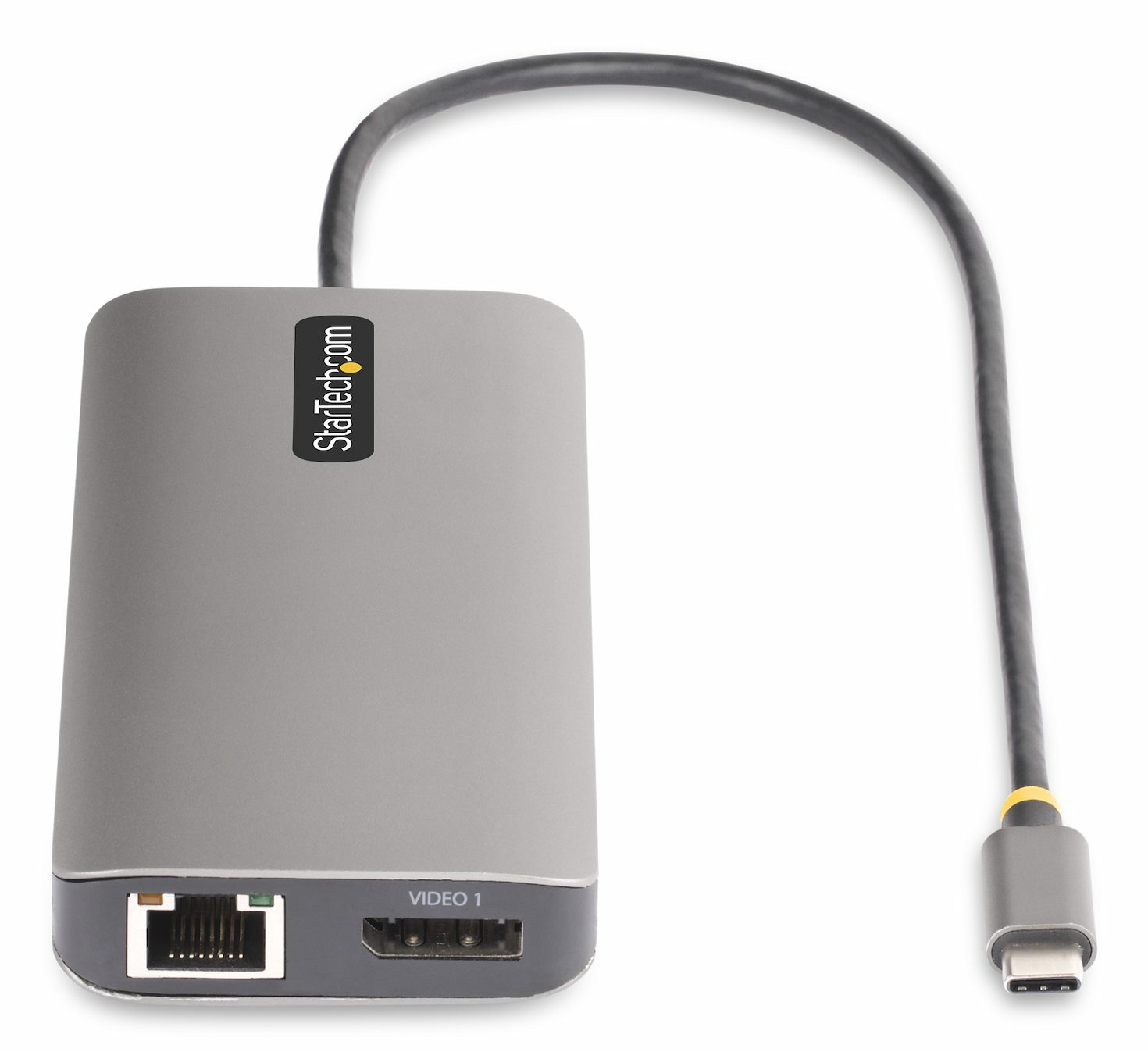Grauer Adapter mit Ethernet-, HDMI-Anschluss und USB-C-Kabel.