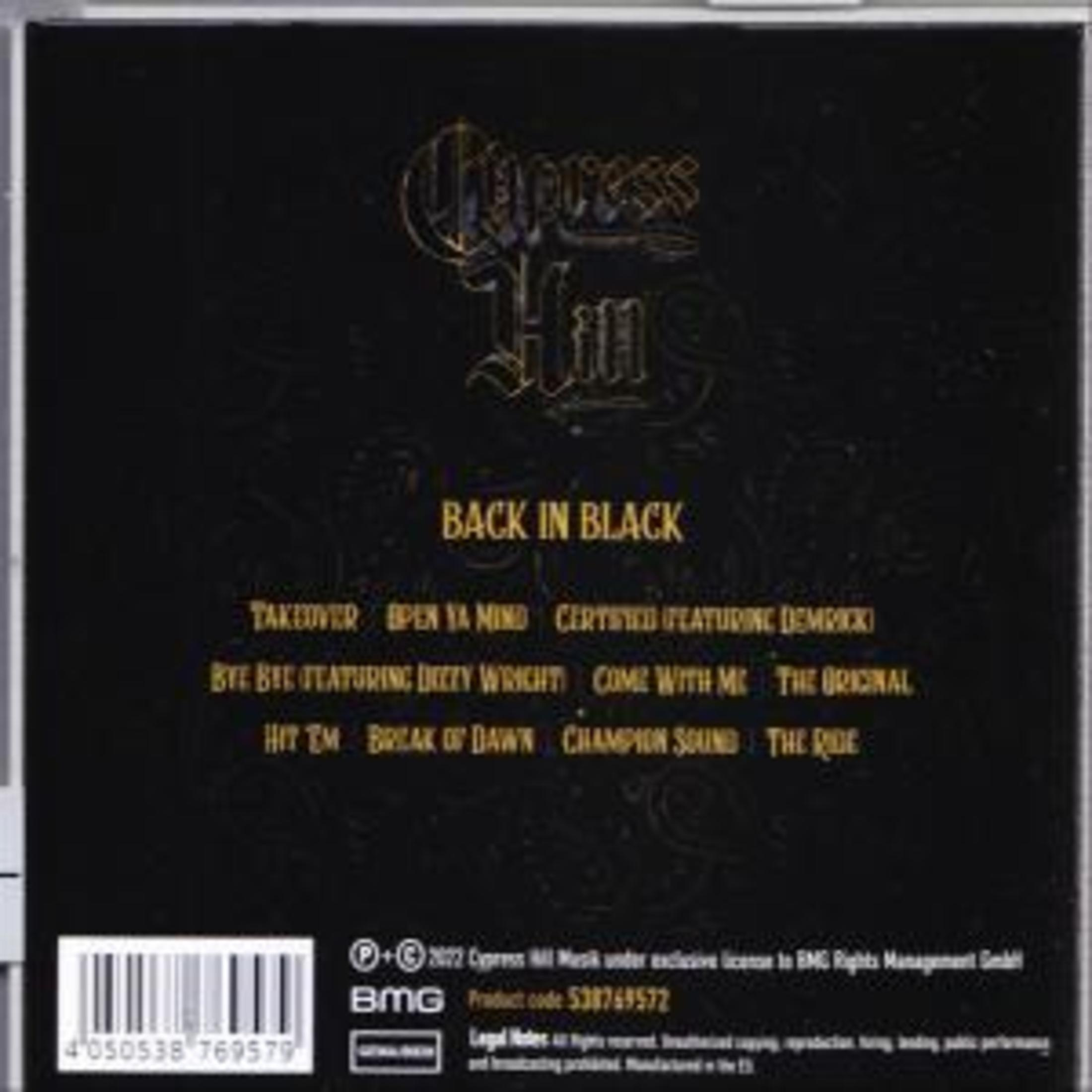 Copertina nera con scritte dorate: Cypress Hill, Back in Black e lista canzoni.