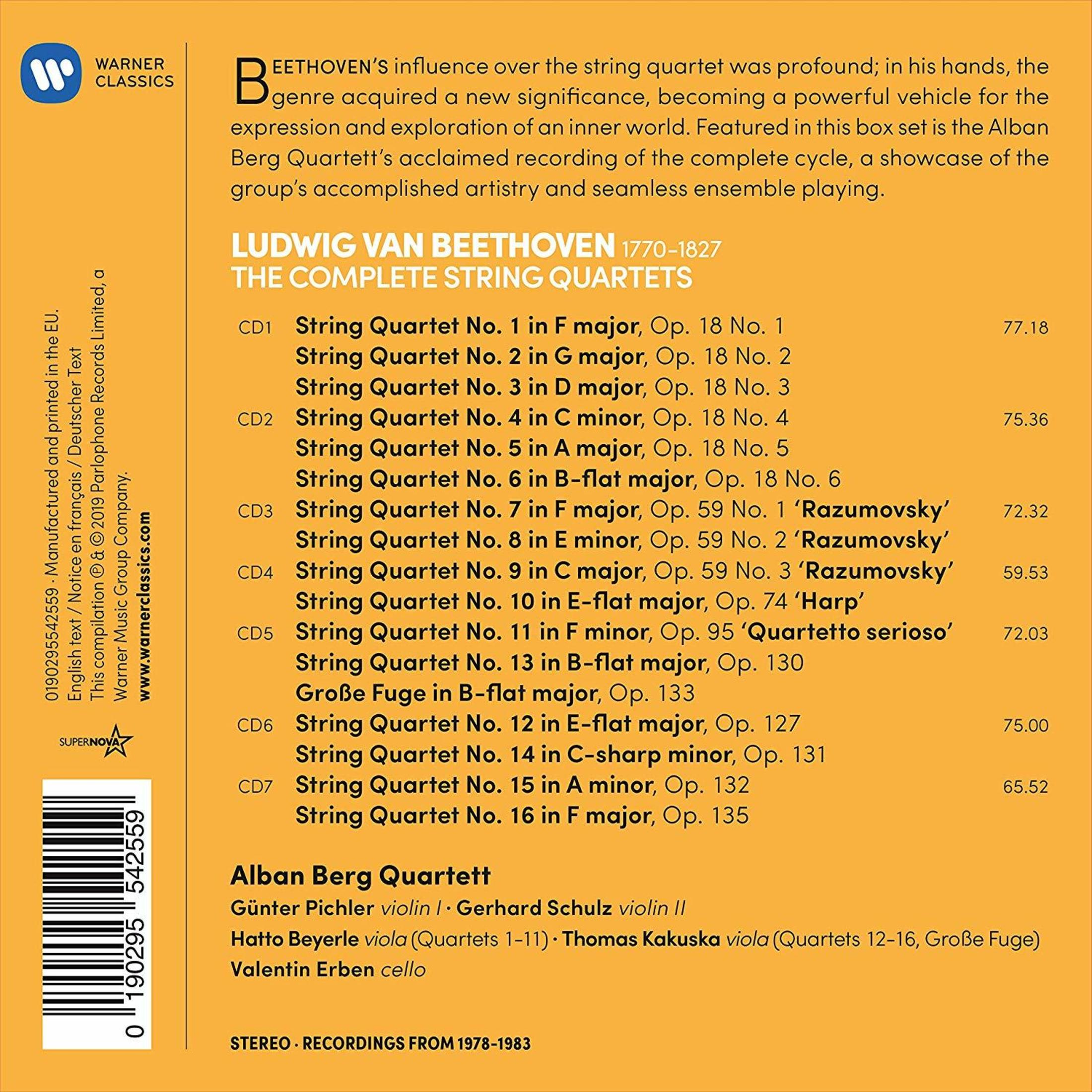 Elenco CD dei quartetti d'archi di Beethoven dell'Alban Berg Quartett.