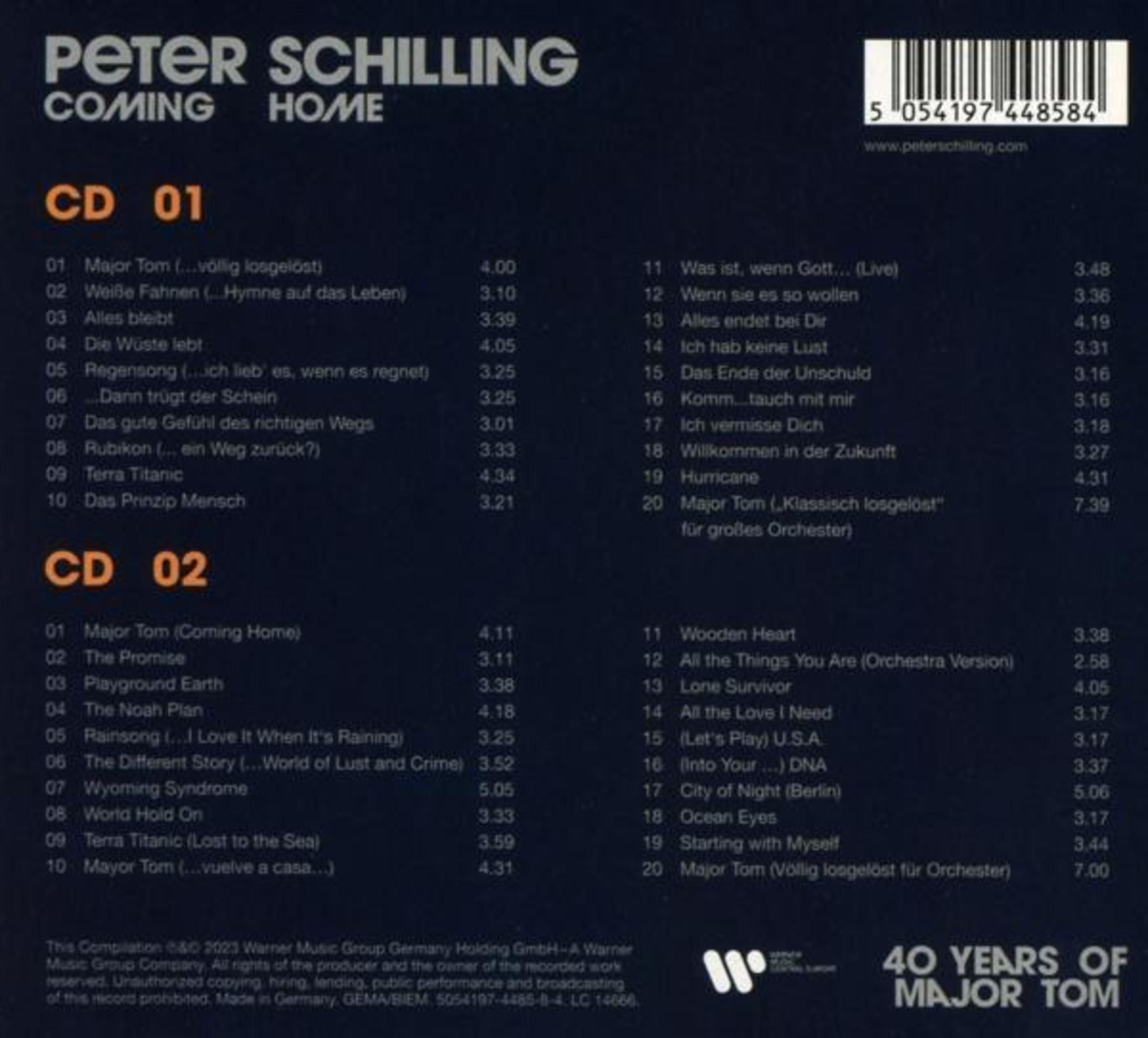 Copertina con Peter Schilling, elenchi CD e codice a barre. 40 anni di Major Tom.