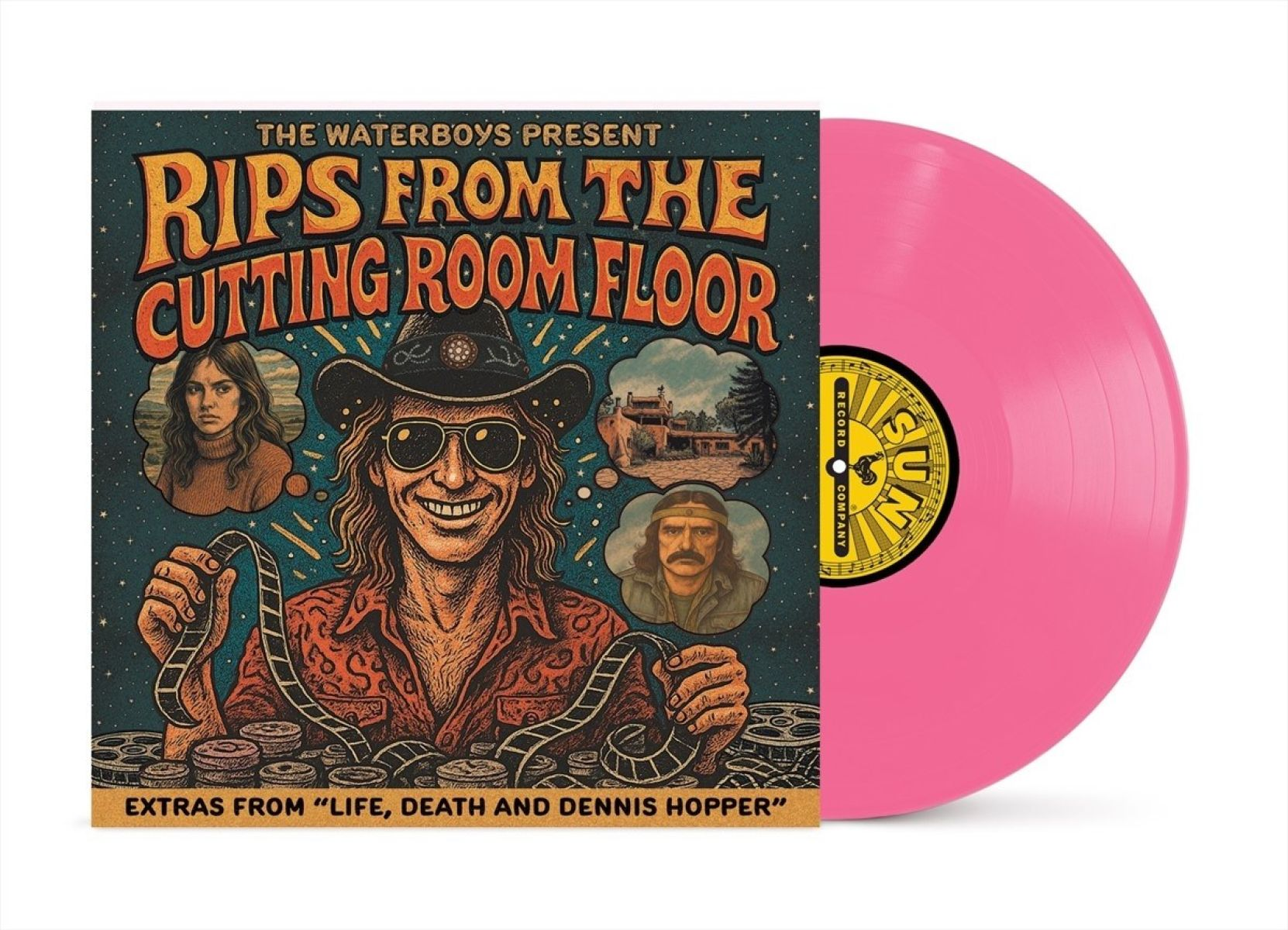 Copertina album con cowboy e bobina, accanto a un disco in vinile rosa.