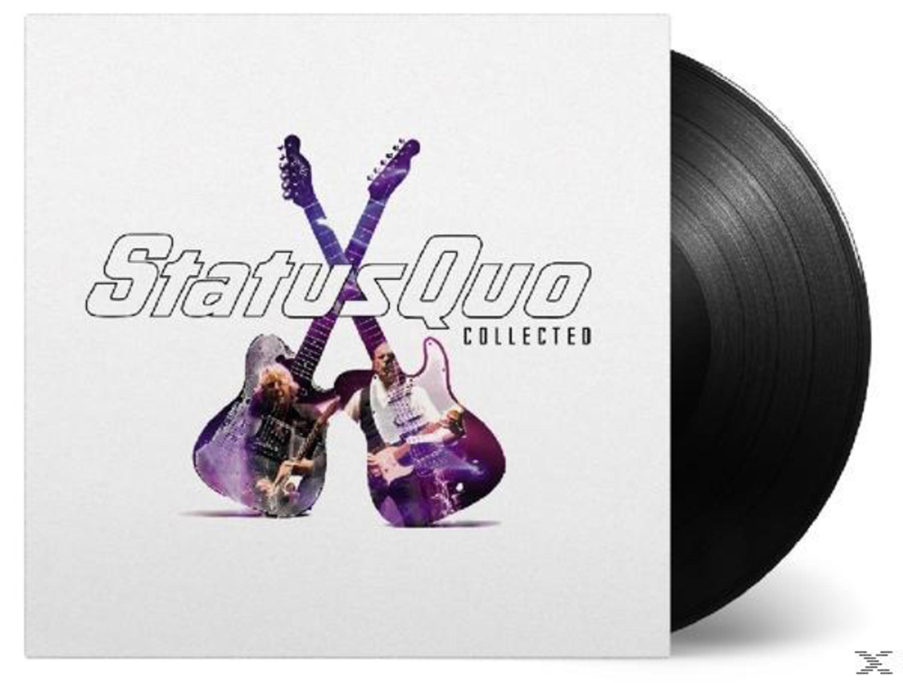 Copertina vinile "Collected" di Status Quo con due chitarre e un disco.