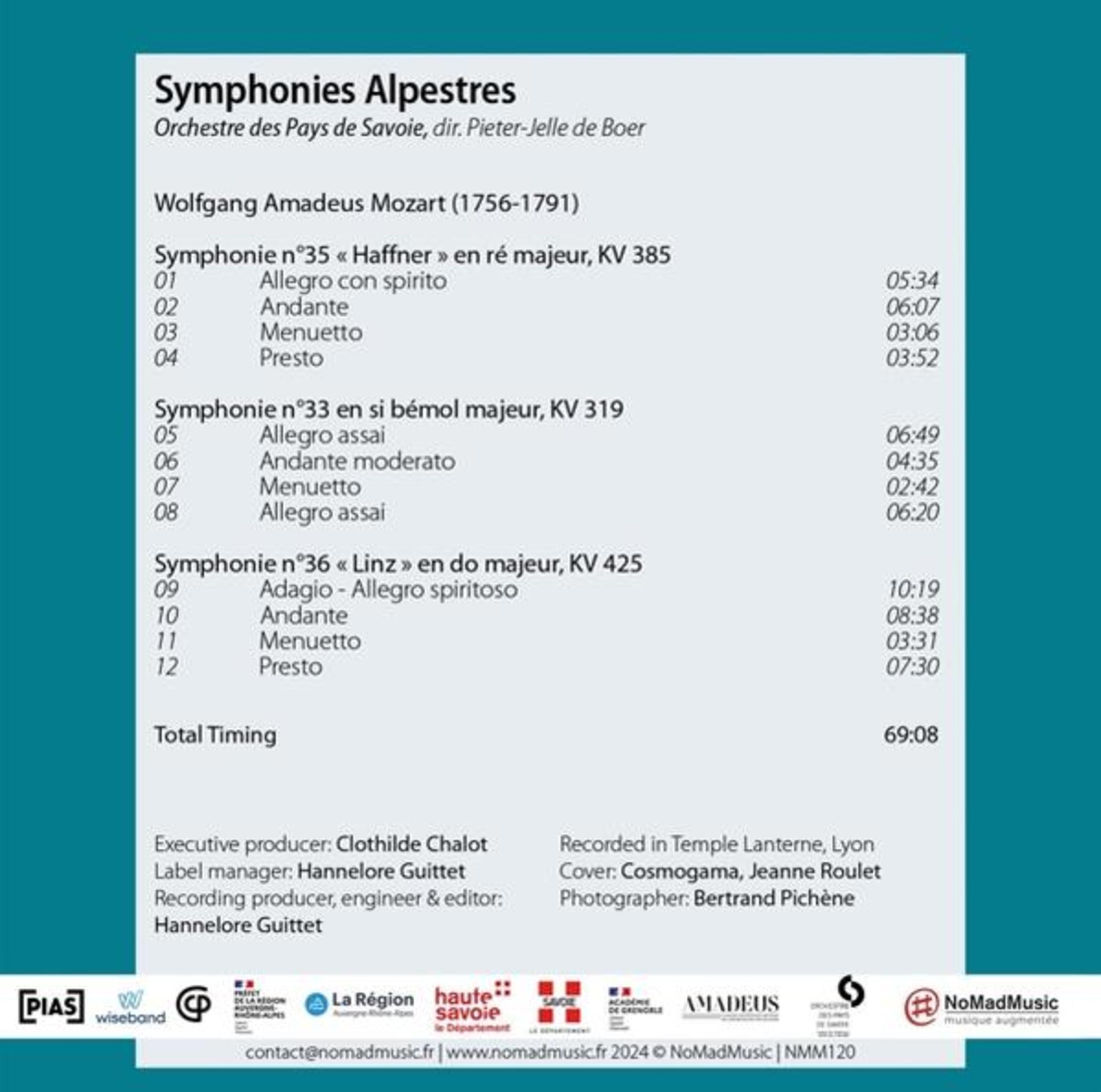 Copertina dell'album con elenco sinfonie di Mozart, dettagli di registrazione e loghi.