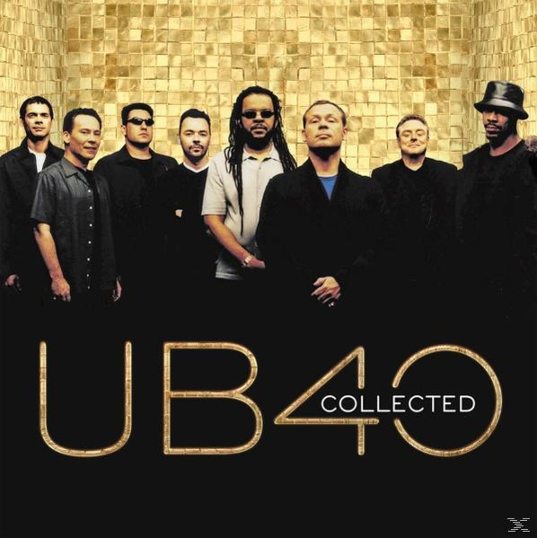 Sette uomini davanti a una parete dorata e piastrellata. Sotto si legge "UB40 COLLECTED"