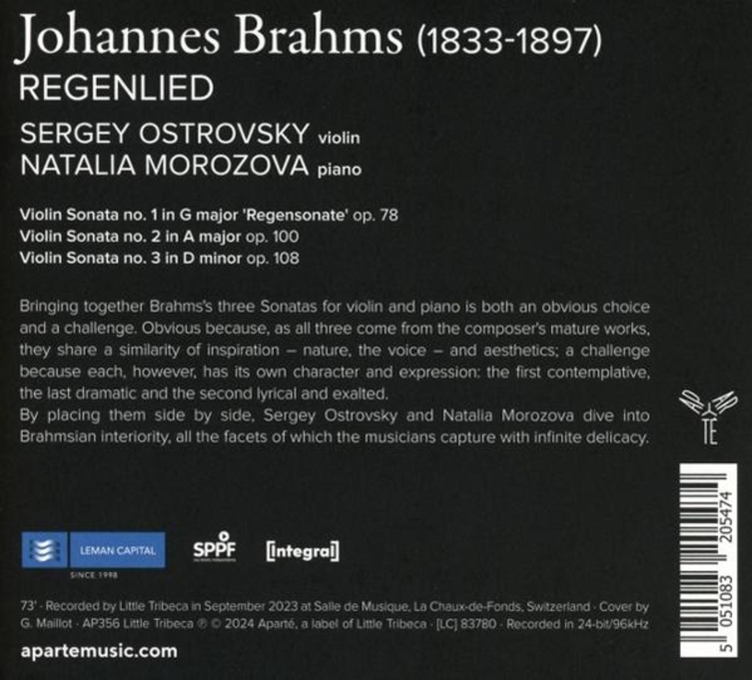 Copertina album con nome Brahms, Sonate violino & piano, artisti e codice a barre.