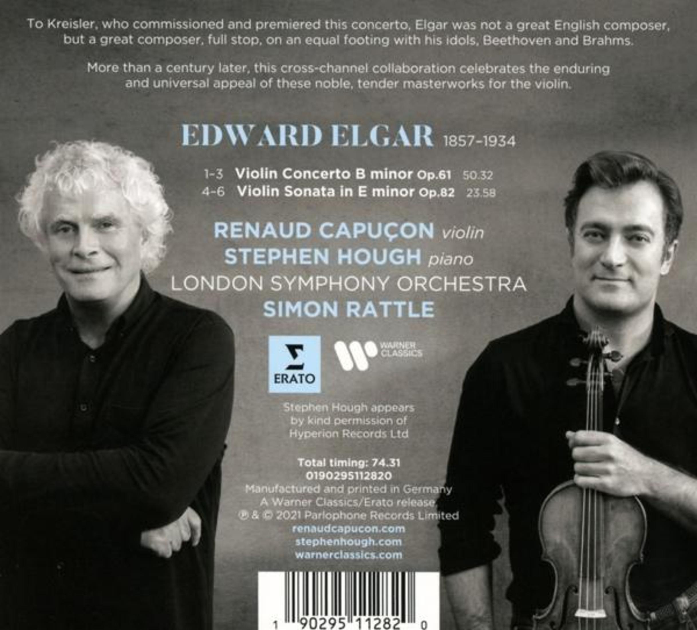 Due uomini, uno con capelli bianchi ricci, l'altro tiene un violino. Testo elenca musica.