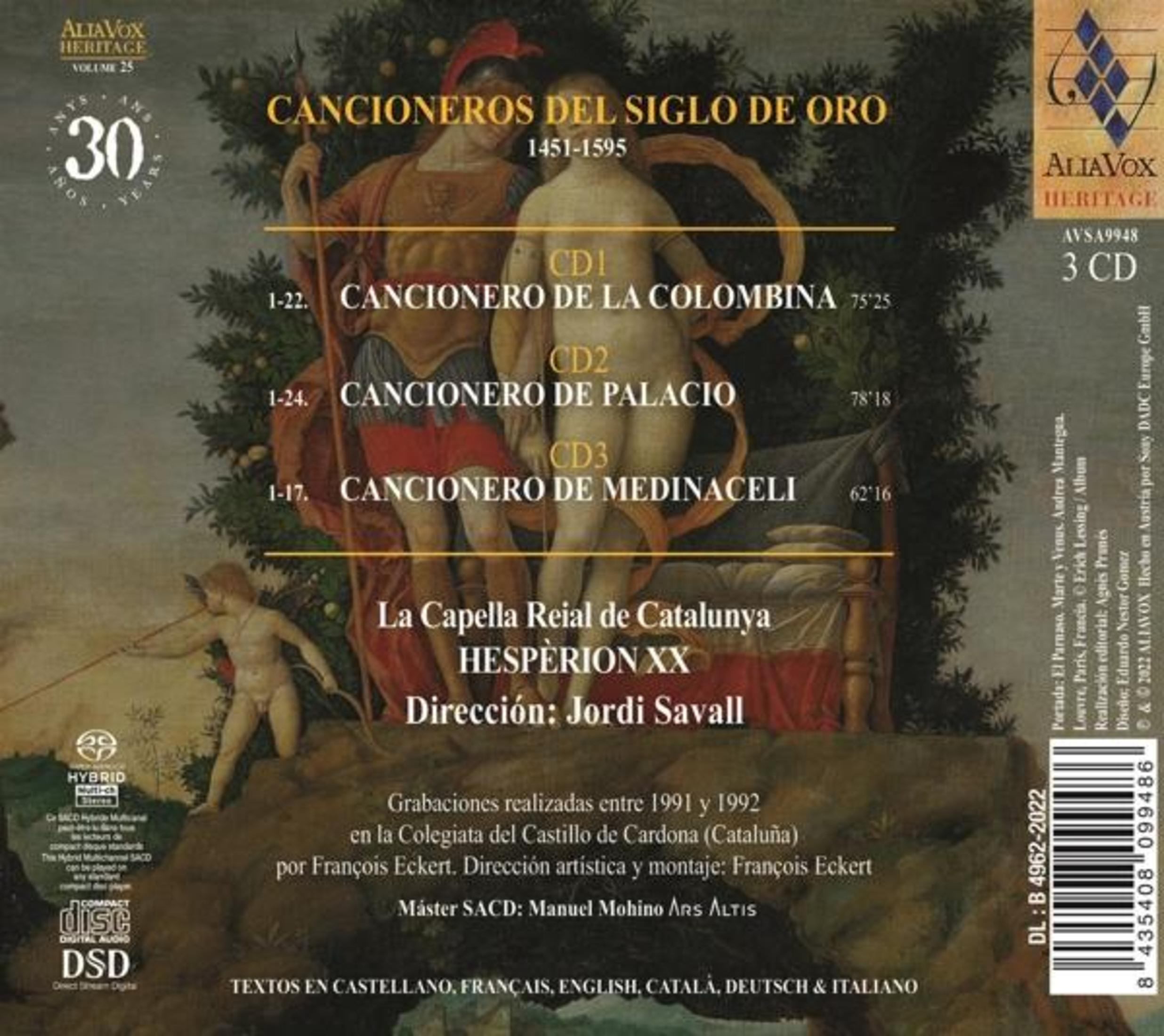 Copertina album con dipinto, testo e loghi. "Cancioneros del Siglo de Oro".