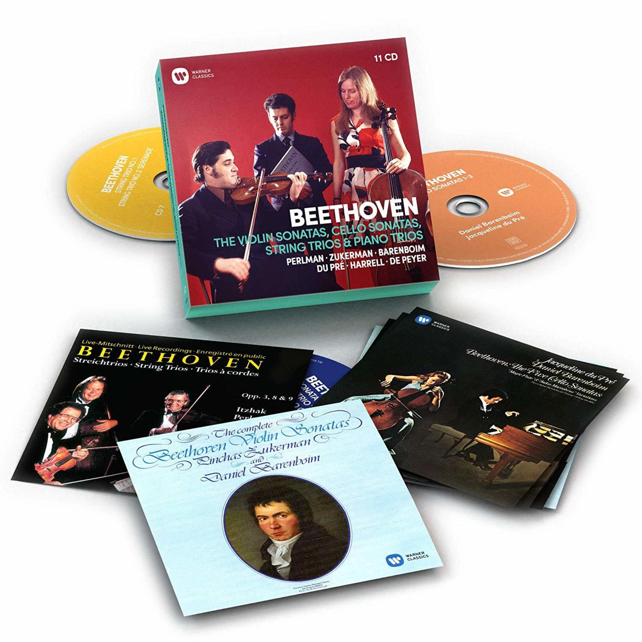 Box set CD Beethoven con musicisti che suonano violino e violoncello.
