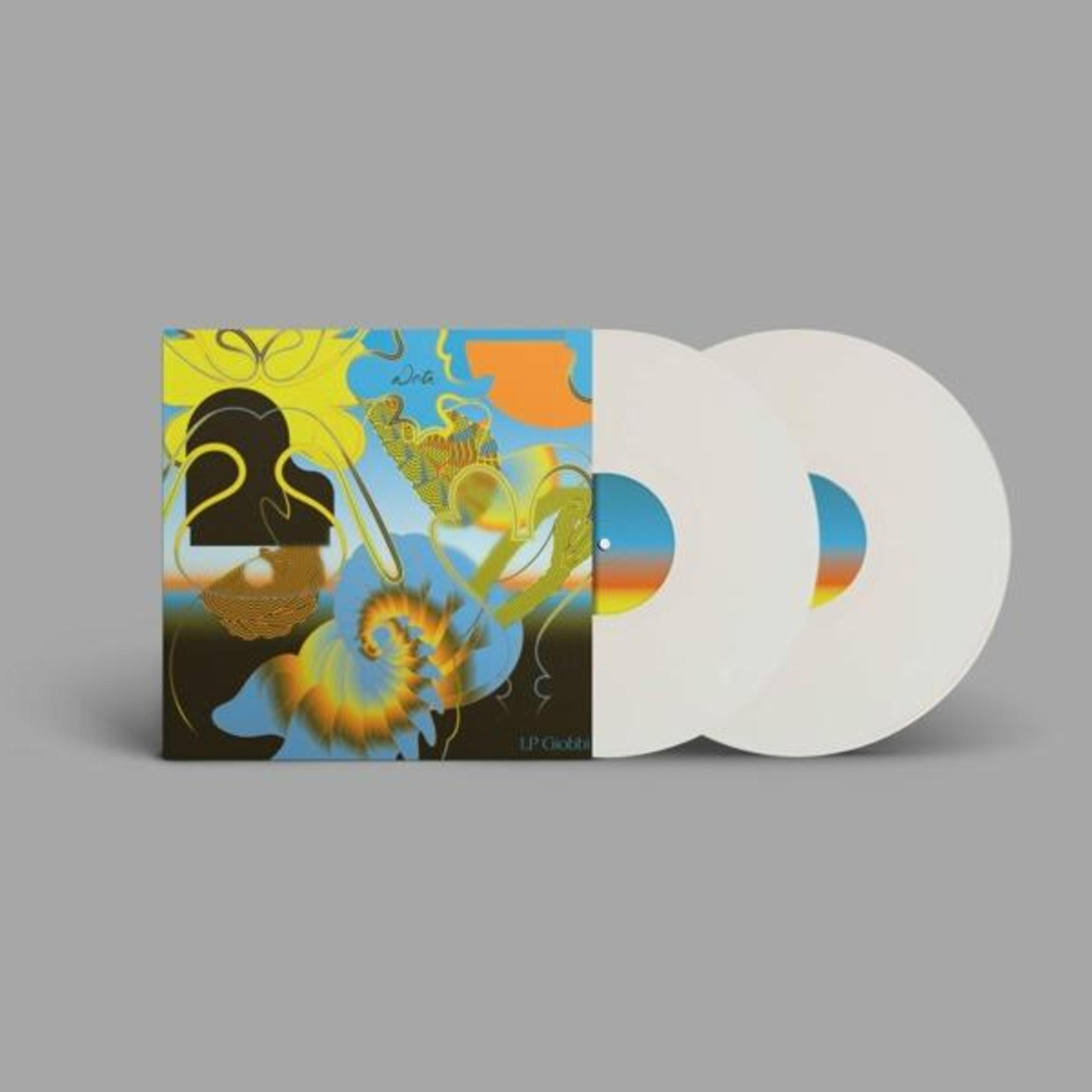 Due dischi in vinile bianchi con copertina colorata. Layout orizzontale.