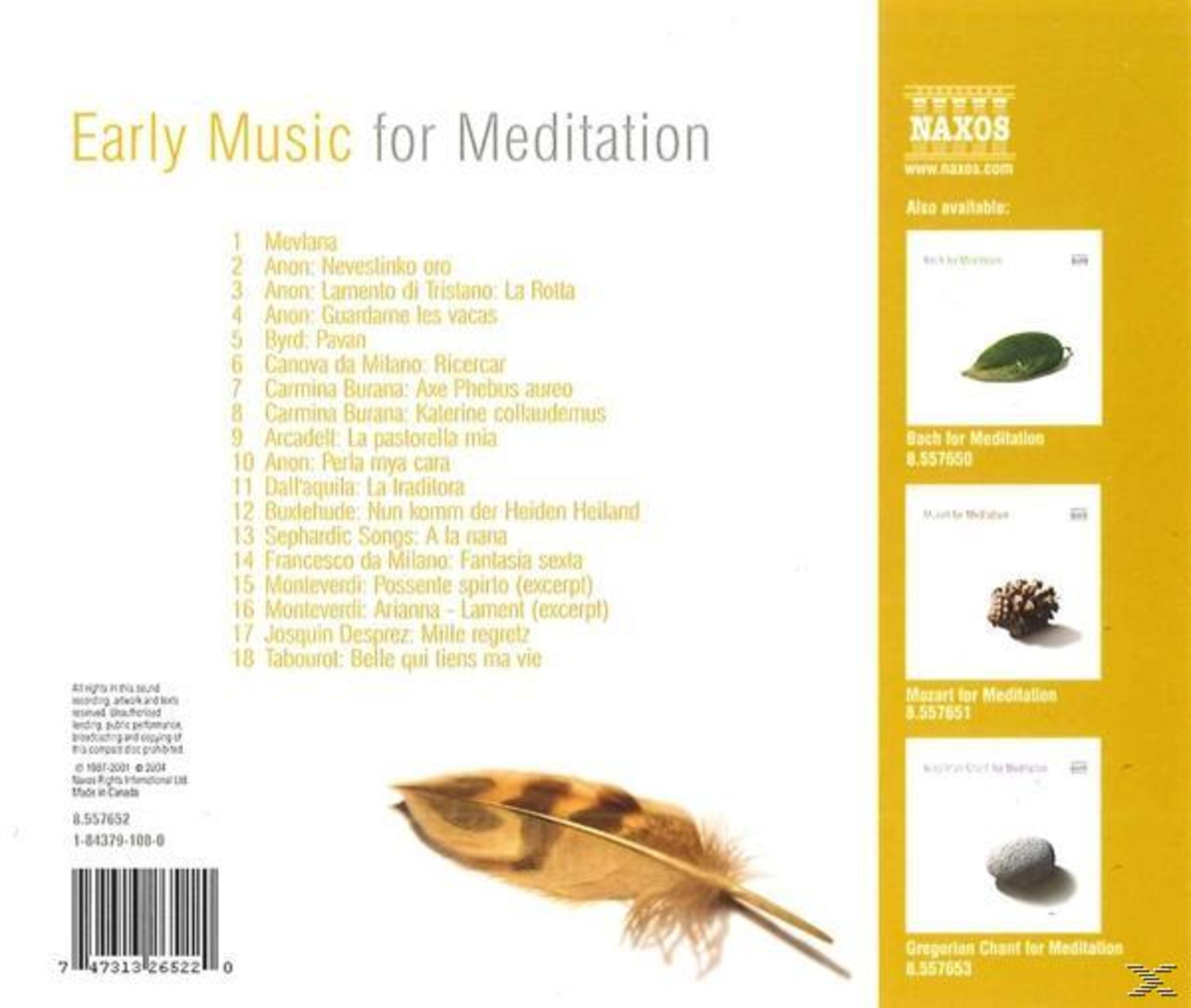 CD-hoes met titel 'Early Music for Meditation' en tracklist.