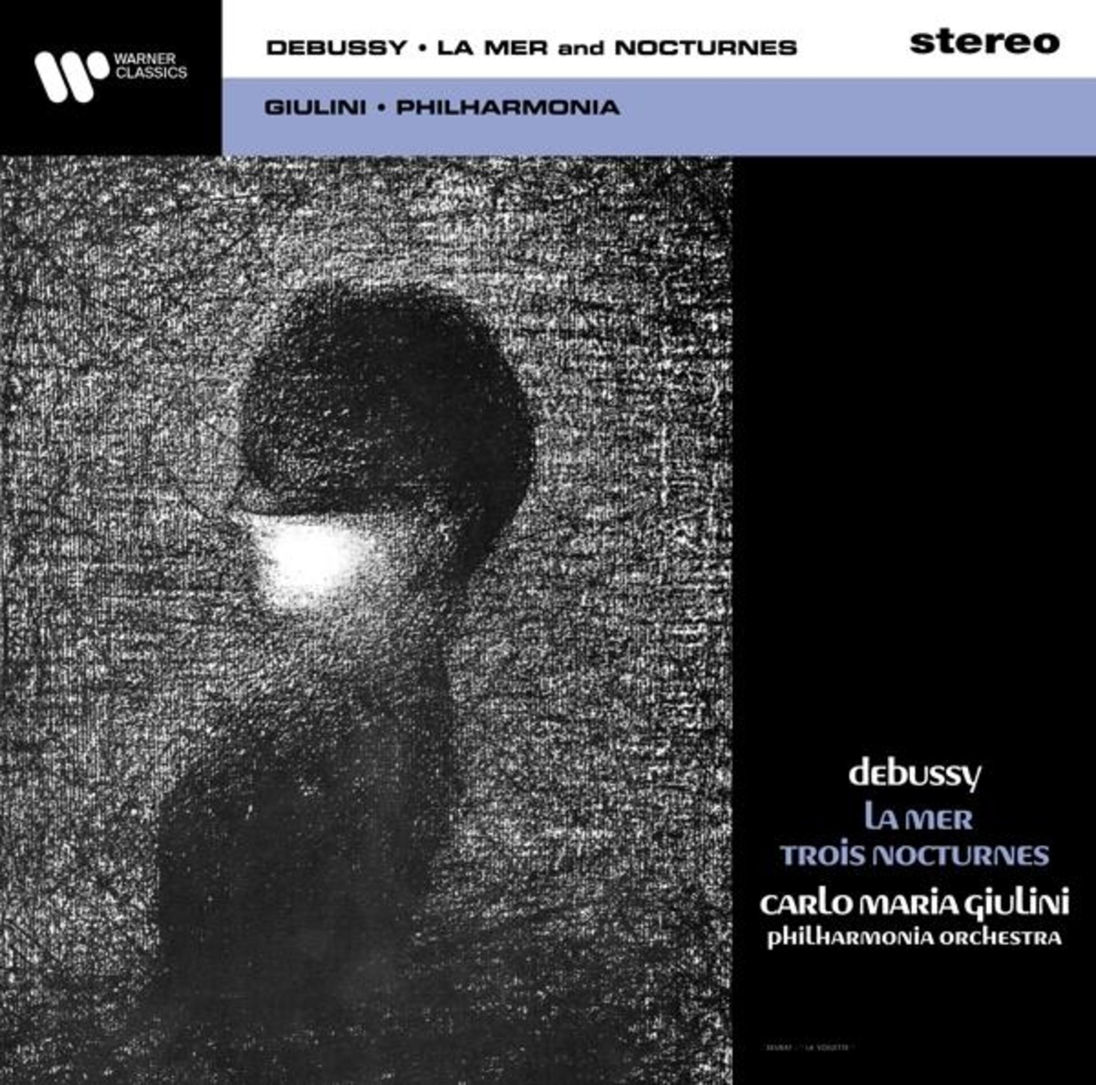Copertina album con volto astratto e testo: Debussy, La Mer, Nocturnes.
