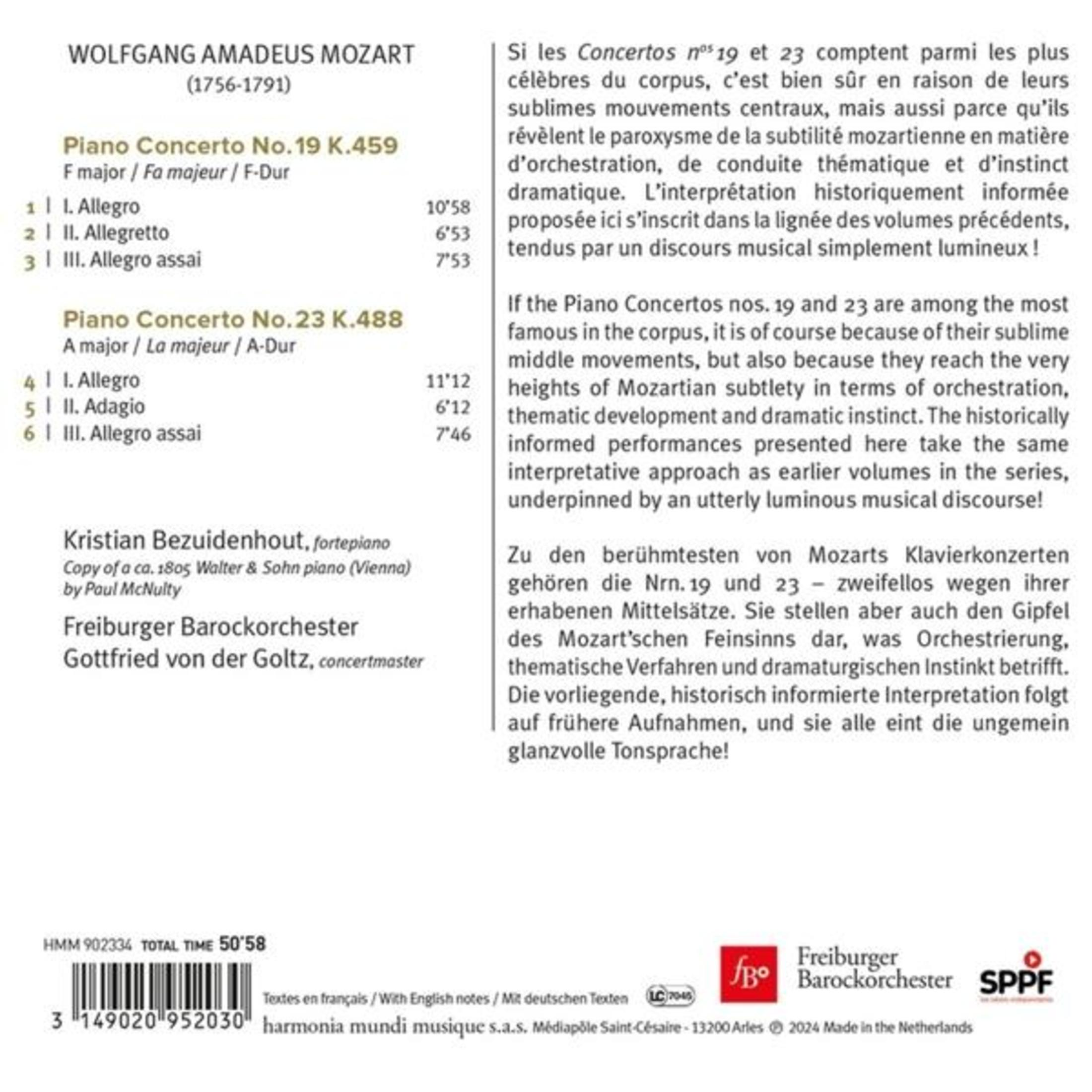 Wolfgang Amadeus Mozart: Concerti per pianoforte 19 & 23, Kristian Bezuidenhout, Freiburger Barockorchester.