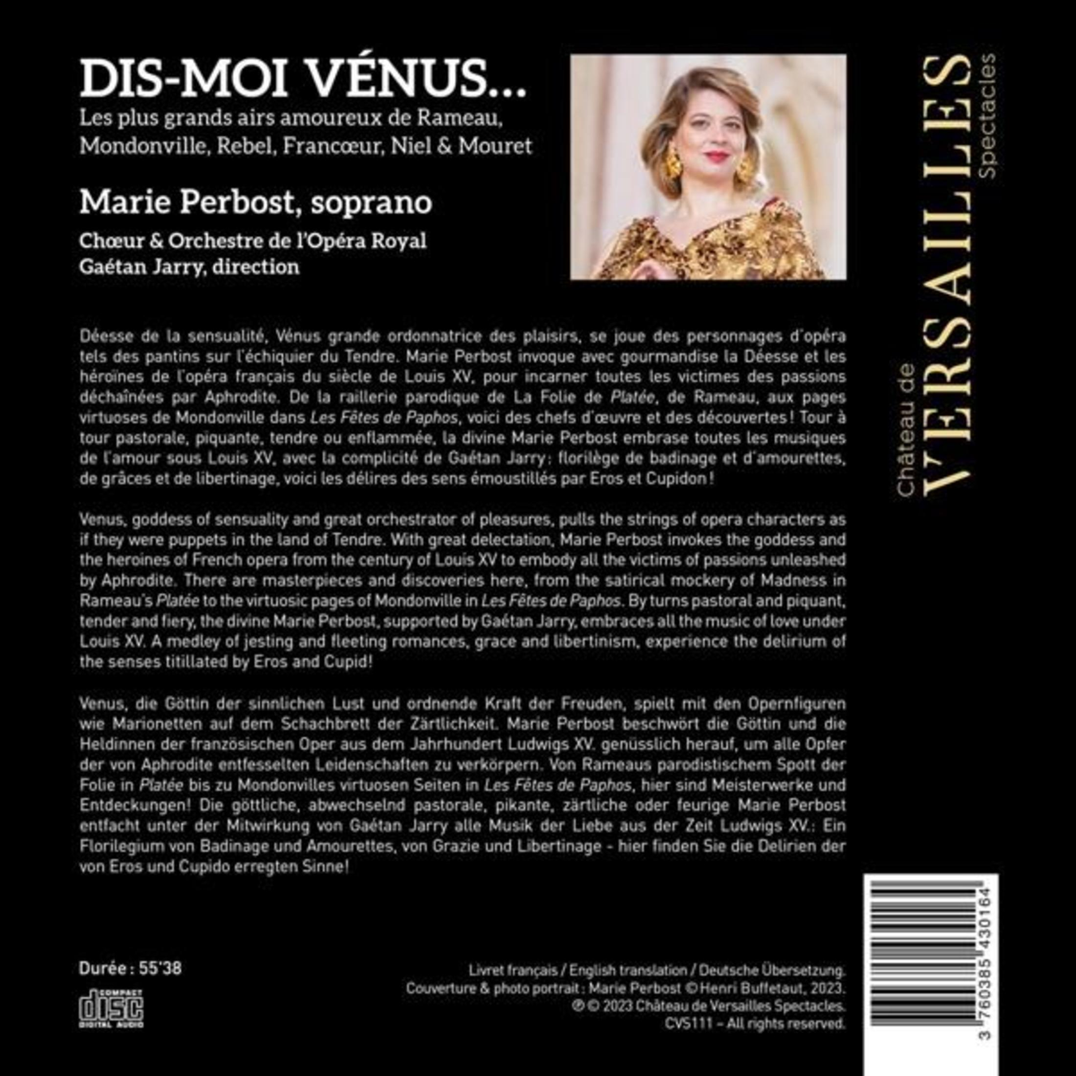 Il soprano Marie Perbost canta d'amore e passione. Testo con logo Château de Versailles.