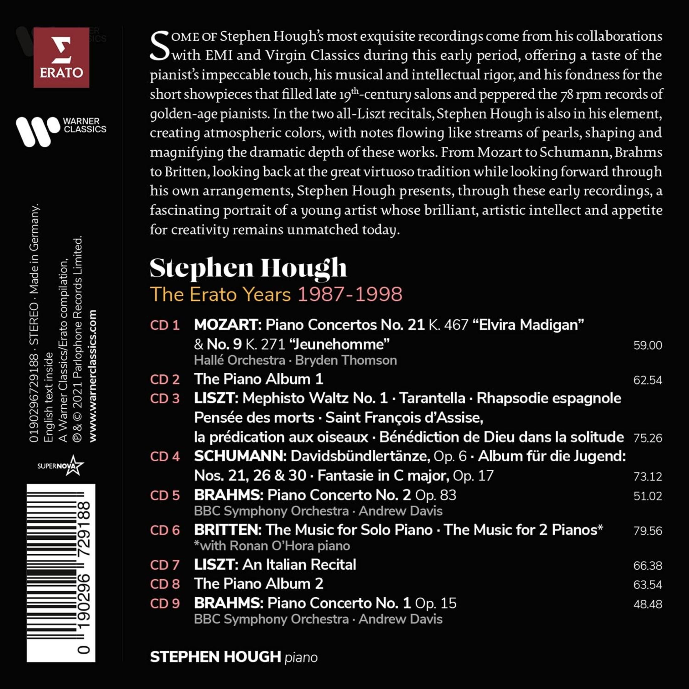 Copertina CD Stephen Hough, The Erato Years 1987-1998, elenco tracce e codice a barre.
