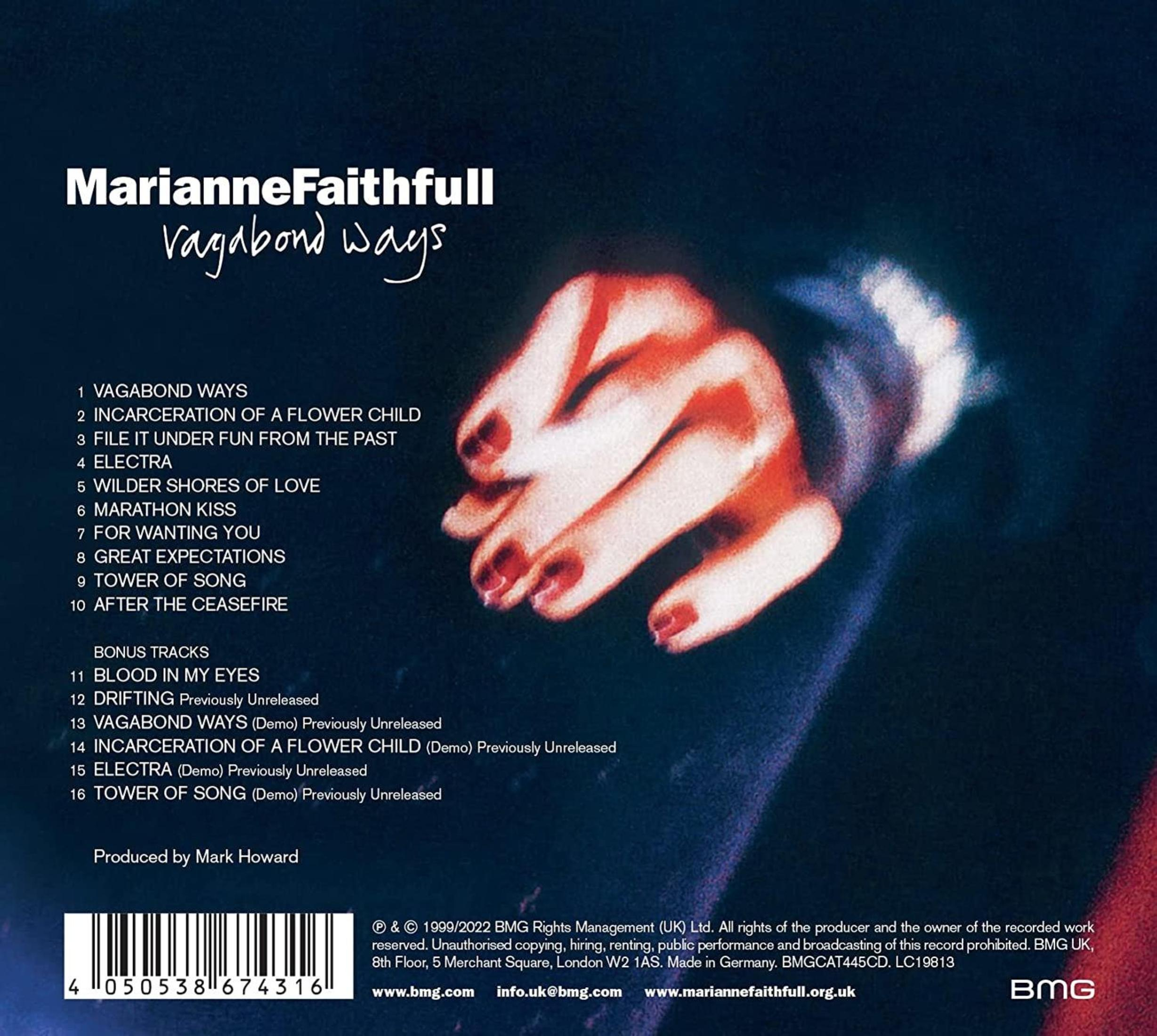 Copertina dell'album "Vagabond Ways" di Marianne Faithfull con tracklist e mani.