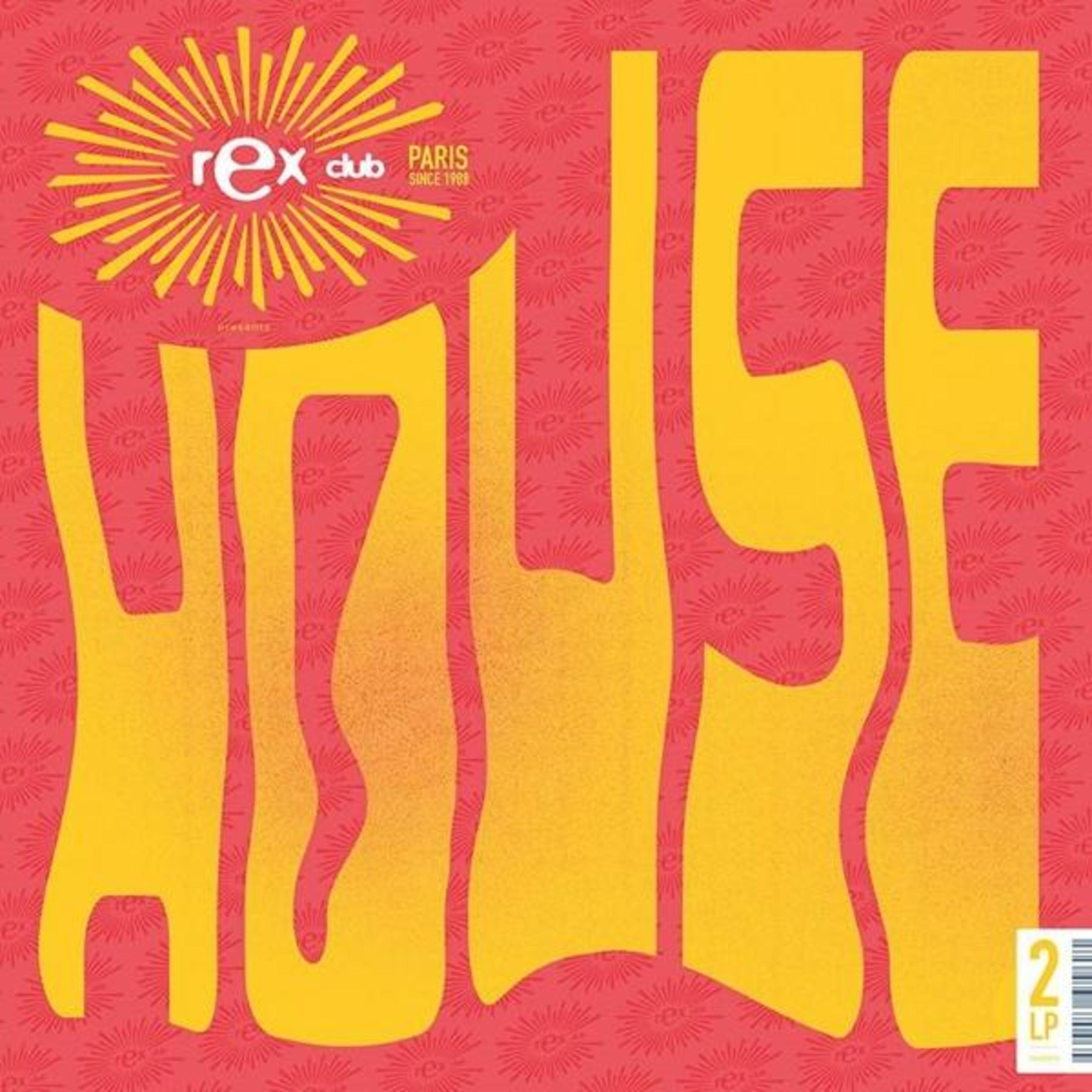 Testo giallo 'HOUSE' con logo 'rex club PARIS' su sfondo rosso.