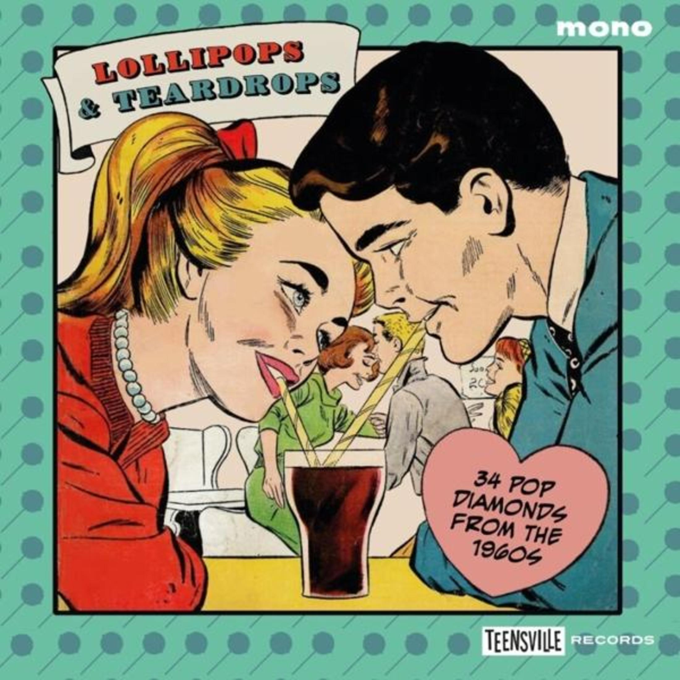 Retro strip: Paar deelt een drankje, albumtitel Lollipops & Teardrops.