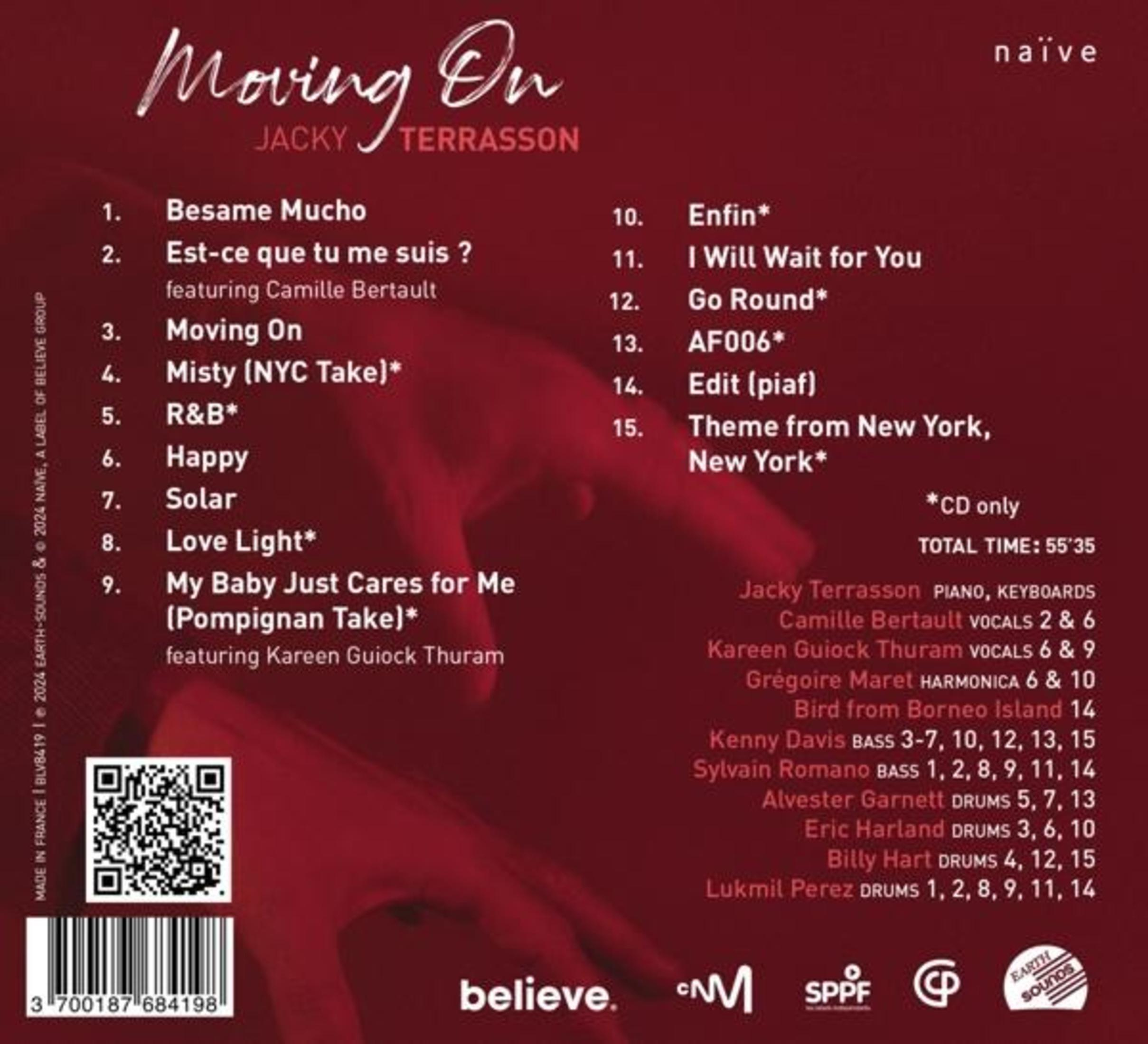 Copertina dell'album con elenco brani di "Moving On" di Jacky Terrasson e codice QR.