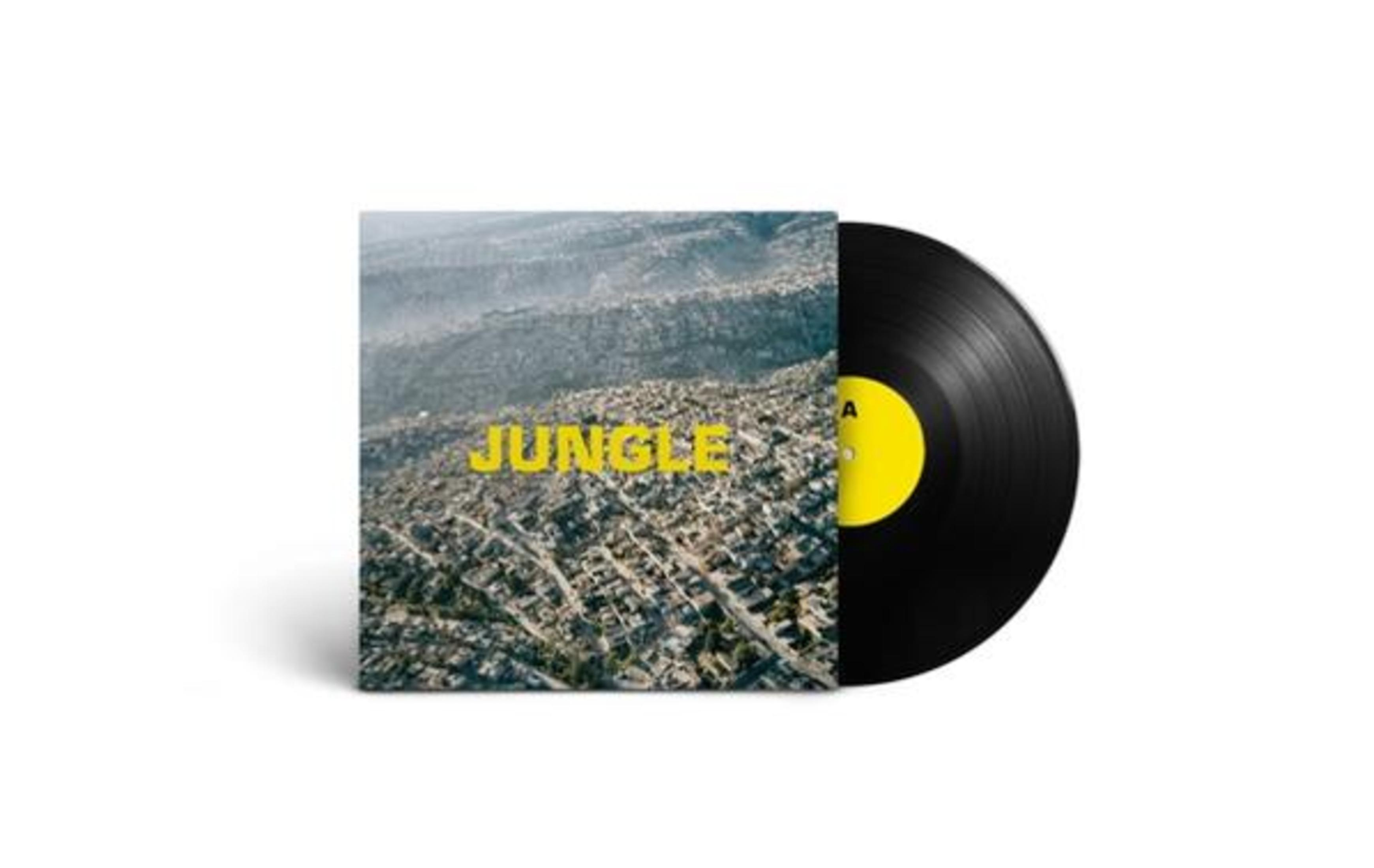 Disco in vinile con copertina raffigurante un paesaggio urbano con la parola JUNGLE.