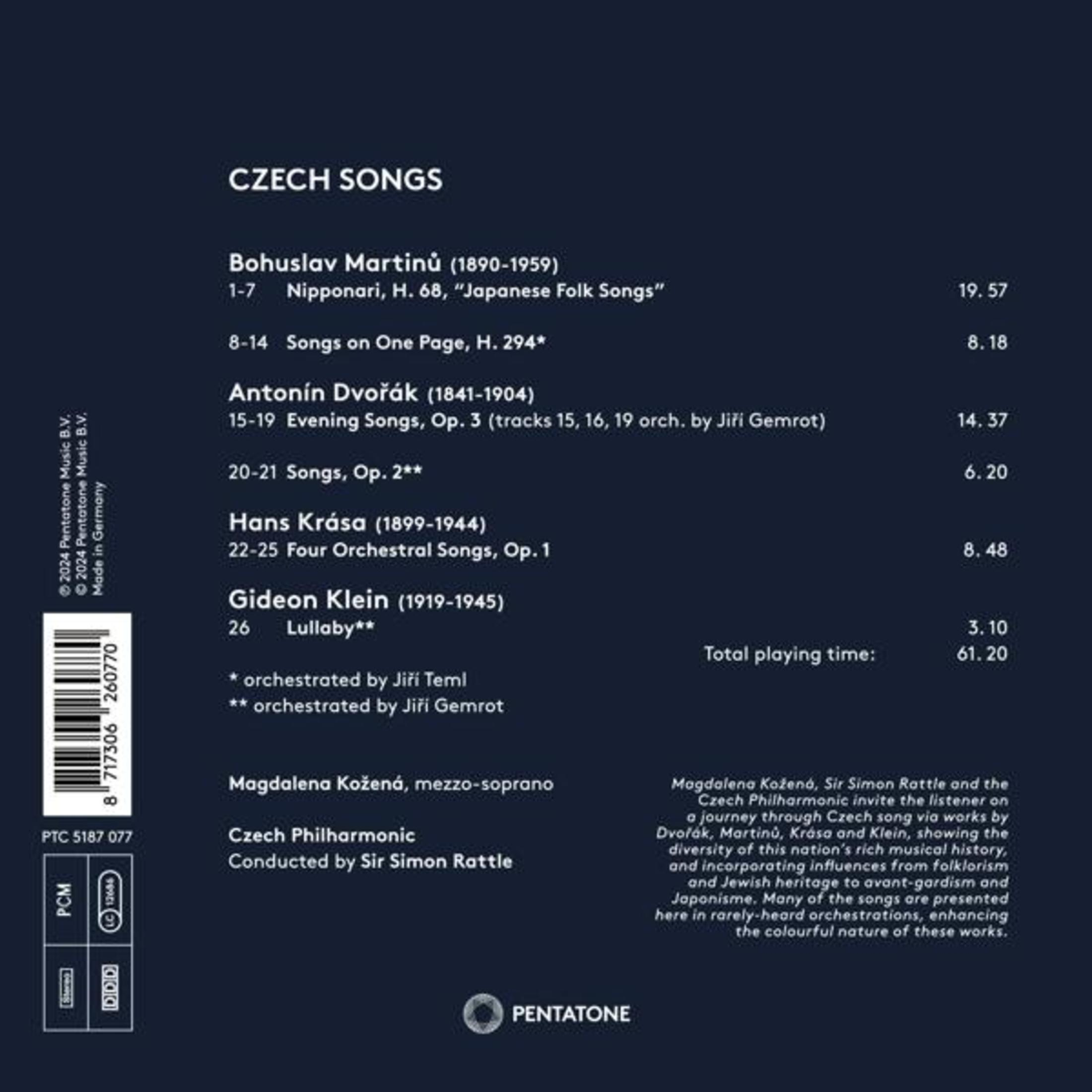 Copertina album con tracklist: Canzoni Ceche di Martinů, Dvořák, Krása, Klein.