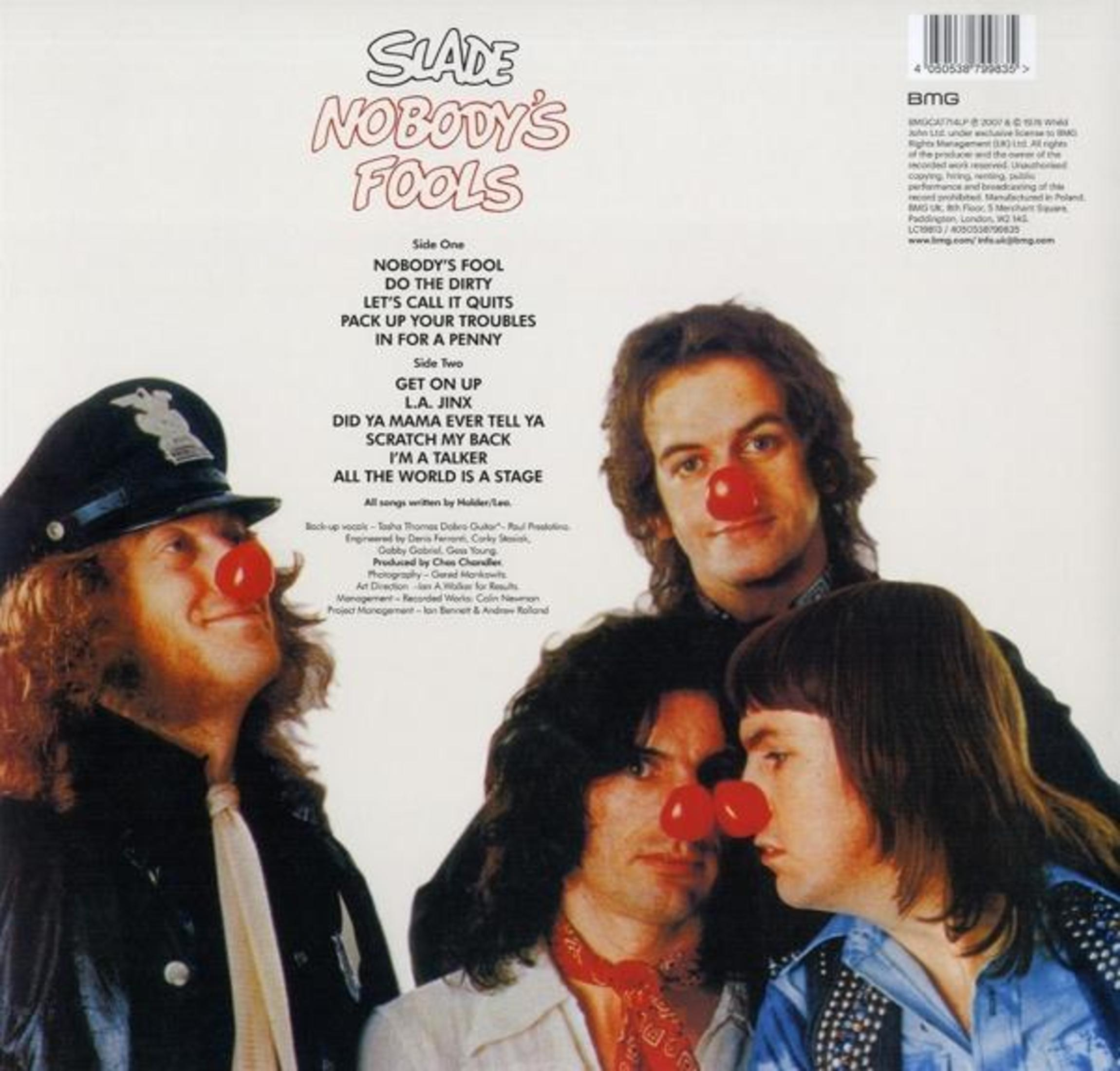 Quattro uomini con nasi rossi sulla copertina di un album degli Slade.