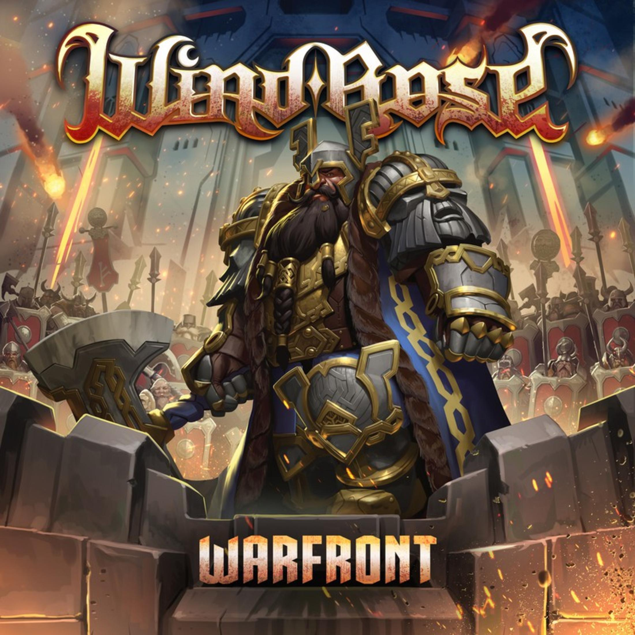 Un guerriero nano con ascia davanti a un esercito. Logo "Warfront".