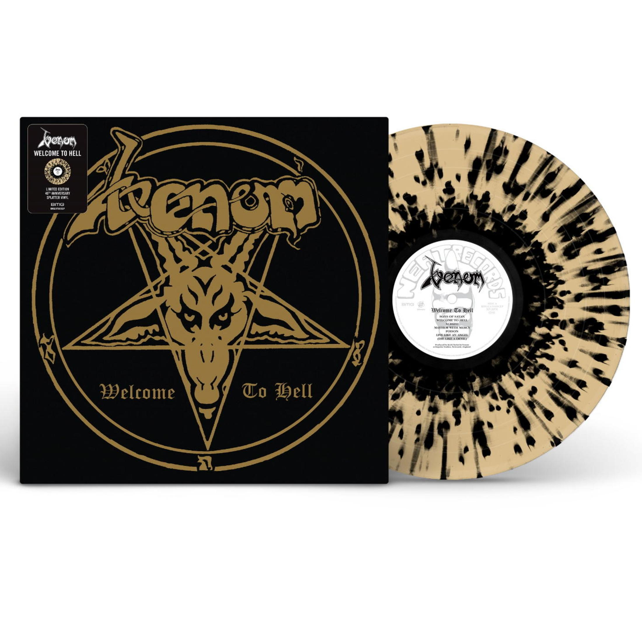 Disco in vinile nero con pentagramma dorato e logo testa di capra. "Welcome To Hell".